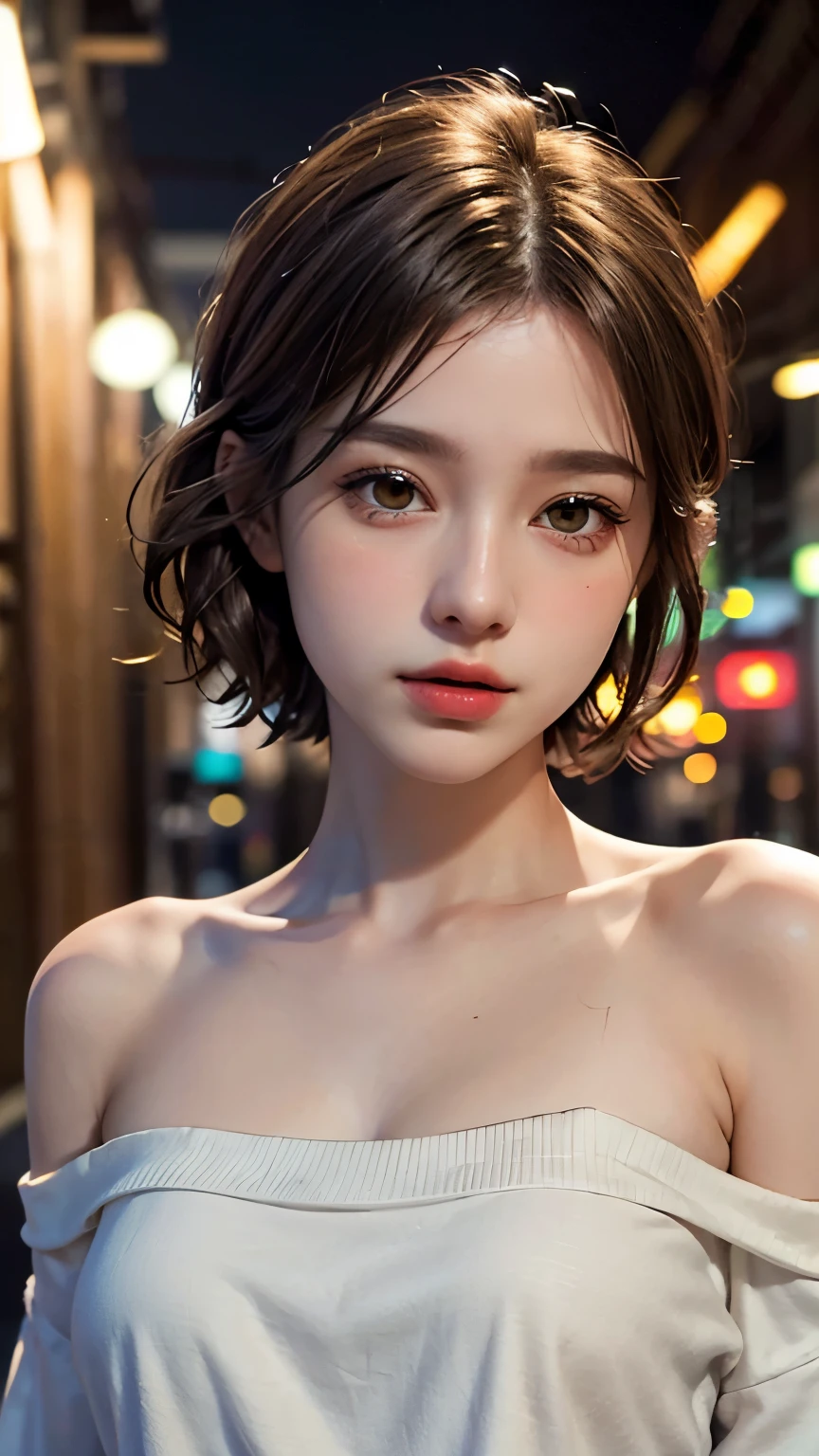 highest quality, masterpiece, Ultra-high resolution, (Realistic:1.4), RAW Photos, One girl, Off the shoulder, In the Dark, Deep Shadow, Modest, Night Alley, short hair, roadside,walking, 20-year-old,Cute face, Small breasts, Tight shirt,(head shot:1.5)