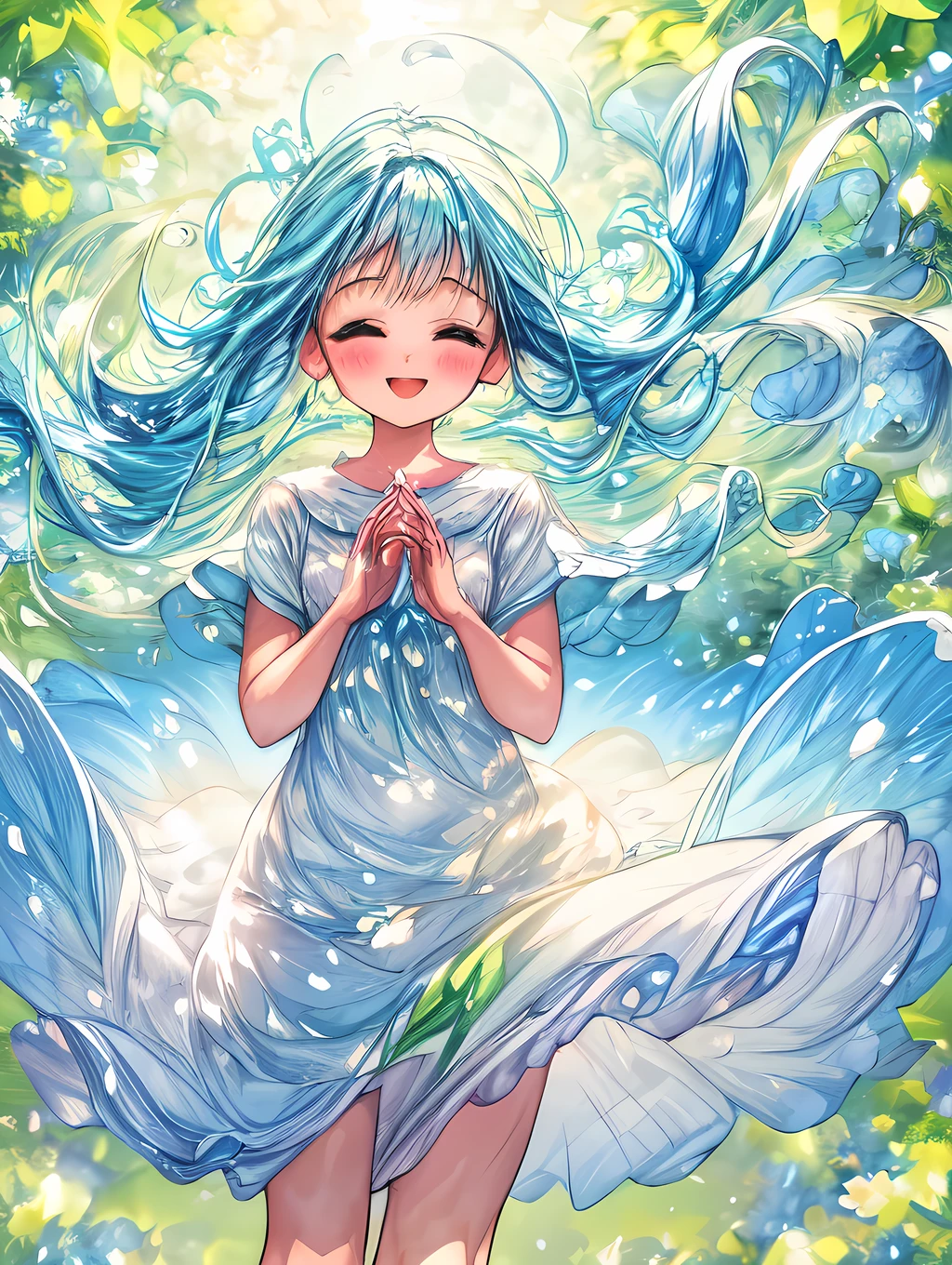 a beautiful and serene image capturing the essence of spring with blooming flowers, vibrant greenery, and clear blue skies. The image should exude a sense of freshness and renewal, with a gentle breeze rustling the petals and leaves. The colors should be soft and pastel, evoking a feeling of tranquility and joy. girl