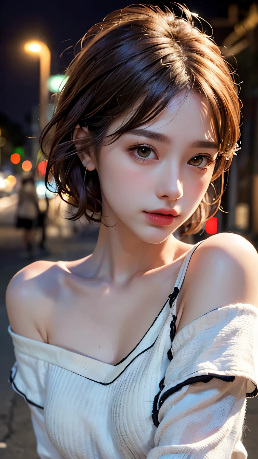 highest quality, masterpiece, Ultra-high resolution, (Realistic:1.4), RAW Photos, One girl, Off the shoulder, In the Dark, Deep Shadow, Modest, Night Alley, short hair, roadside,walking, 20-year-old,Cute face, Small breasts, Tight shirt,(head shot:1.5)