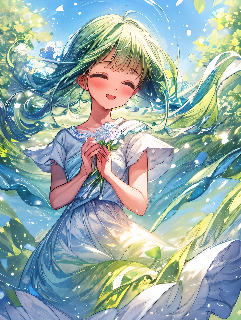 a beautiful and serene image capturing the essence of spring with blooming flowers, vibrant greenery, and clear blue skies. The image should exude a sense of freshness and renewal, with a gentle breeze rustling the petals and leaves. The colors should be soft and pastel, evoking a feeling of tranquility and joy. girl