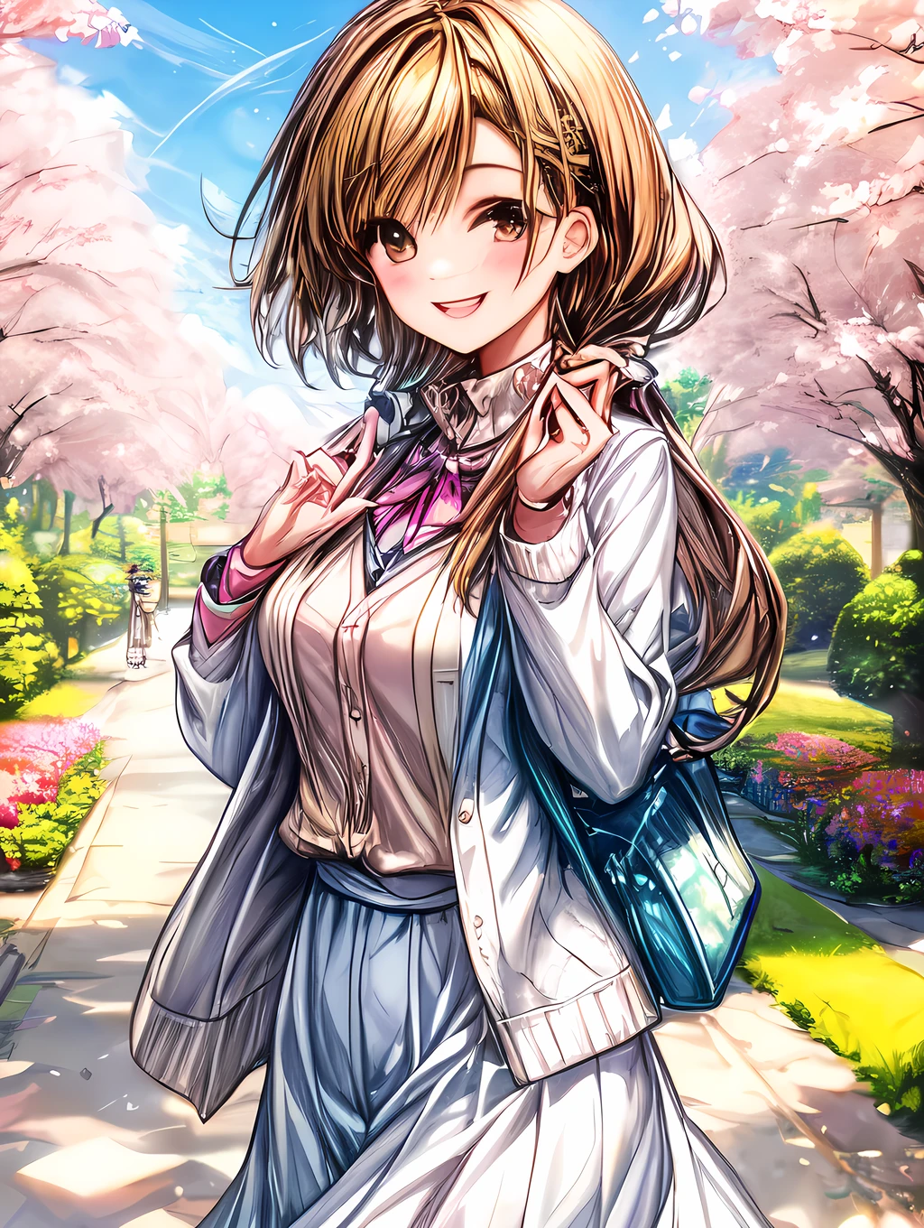 A quiet girl wearing a cardigan with a smile on her face, standing in a sunny garden surrounded by colorful flowers.