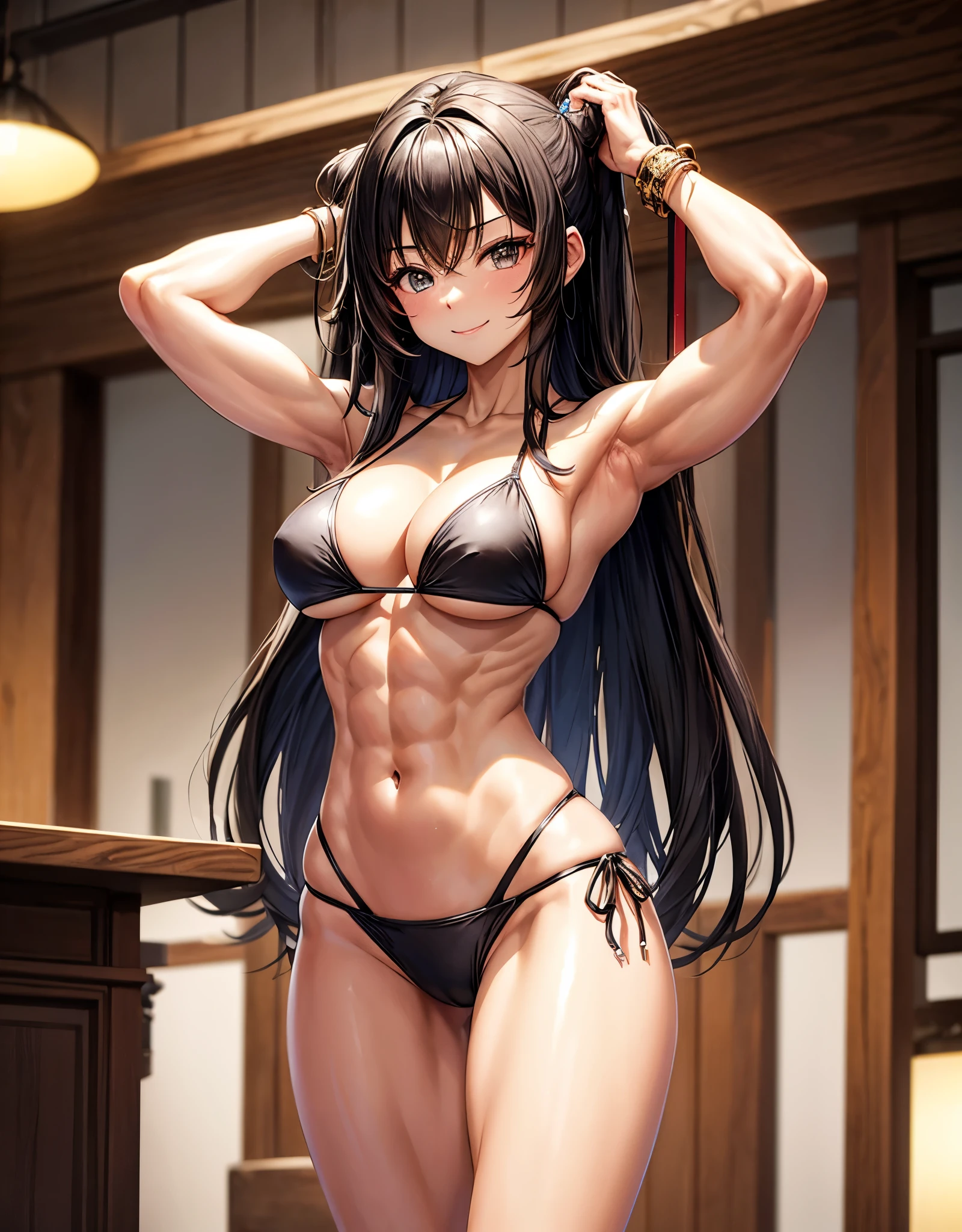 beautiful girl、Big Breasts、Abdominal muscleuscular、Muscular Beauty、Style Batsugun、Nice body、Brown skin、bikini、Black Hair、long hair、Are standing、The whole body is visible、Place your hands behind your head.、bodybuilding、indoor、venue、Contest、smile