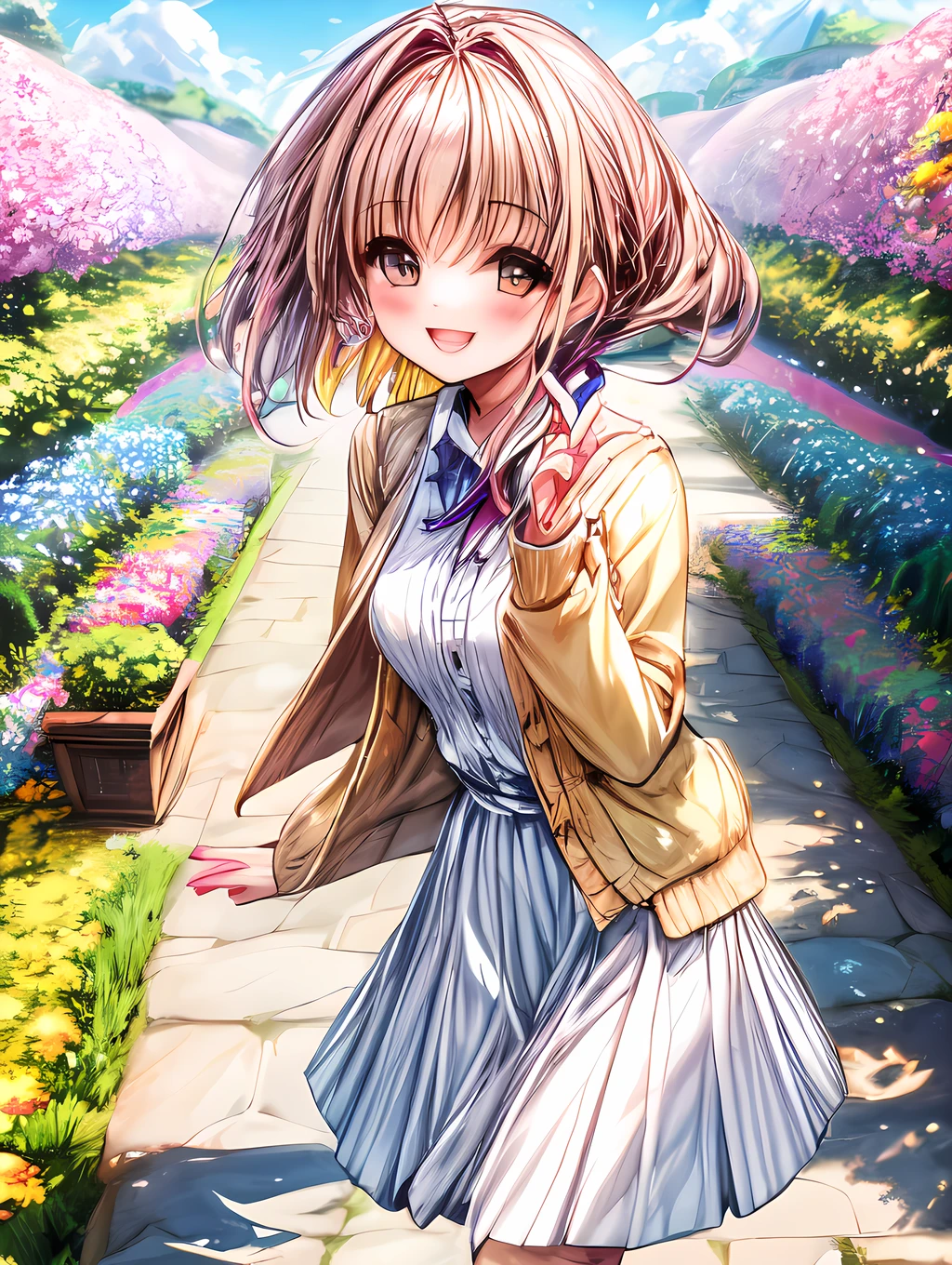 A quiet girl wearing a cardigan with a smile on her face, standing in a sunny garden surrounded by colorful flowers.