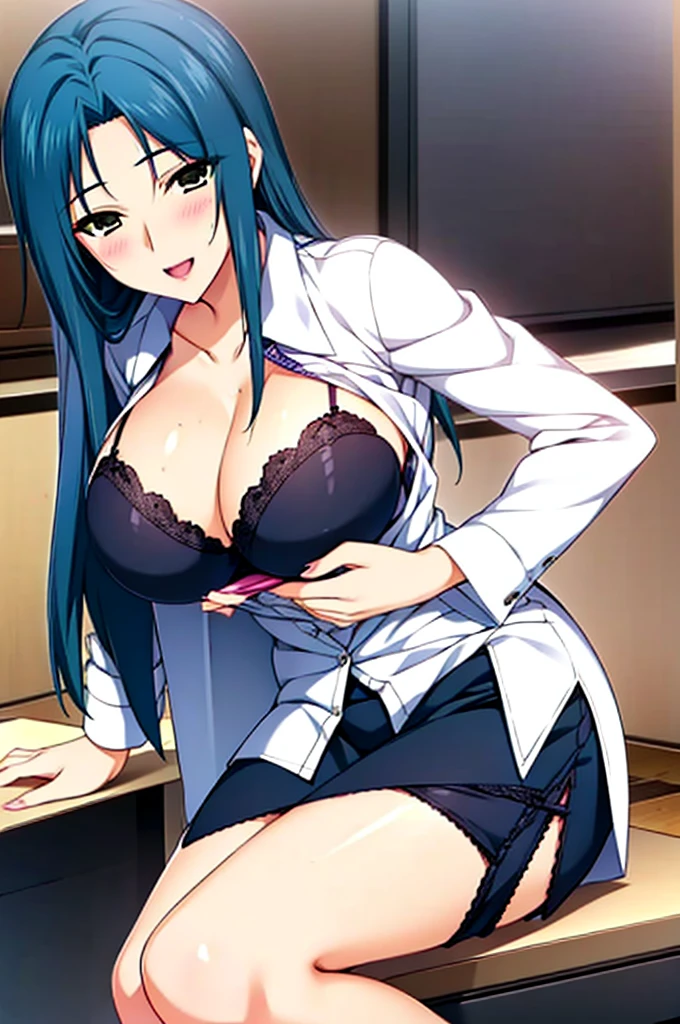 Lovely x Cation The Animation/《LOVELY×CATION》-Sera Kurokawa(Sera Kurokawa), masterpiece, best quality, a very sexy mature school nurse in white lab coat and shirt sitting on a desk at the health room, 1girl, underwear, purple shirt, pencil skirt, breasts, solo, sitting, long hair, thong panties, purple panties, cleavage, pantyhose, shirt, skirt, looking at viewer, cleavage, smile, open mouth, black skirt, bra peek, indoors, blush, panty-shot, white coat, pink nails, collarbone, collared shirt,