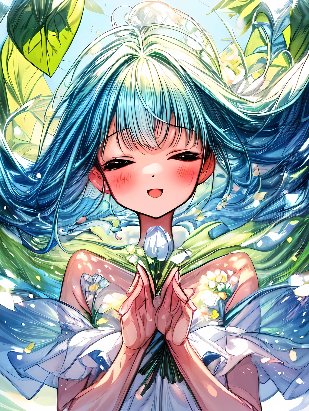 a beautiful and serene image capturing the essence of spring with blooming flowers, vibrant greenery, and clear blue skies. The image should exude a sense of freshness and renewal, with a gentle breeze rustling the petals and leaves. The colors should be soft and pastel, evoking a feeling of tranquility and joy. Mysterious girl