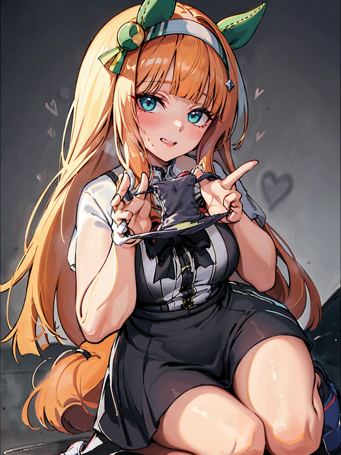 Unfold panties with both hands、Plump thighs、Best image quality、High resolution、masterpiece、super high quality、Striped bra、Striped panties、Panty flashing、とてもBig Ass、Blushing、4K quality、Thick thighs、Big Ass、Blushed、Big Breasts、Proud face、Wearing black knee socks、Sticking out tongue、heart、Squat with your legs apart