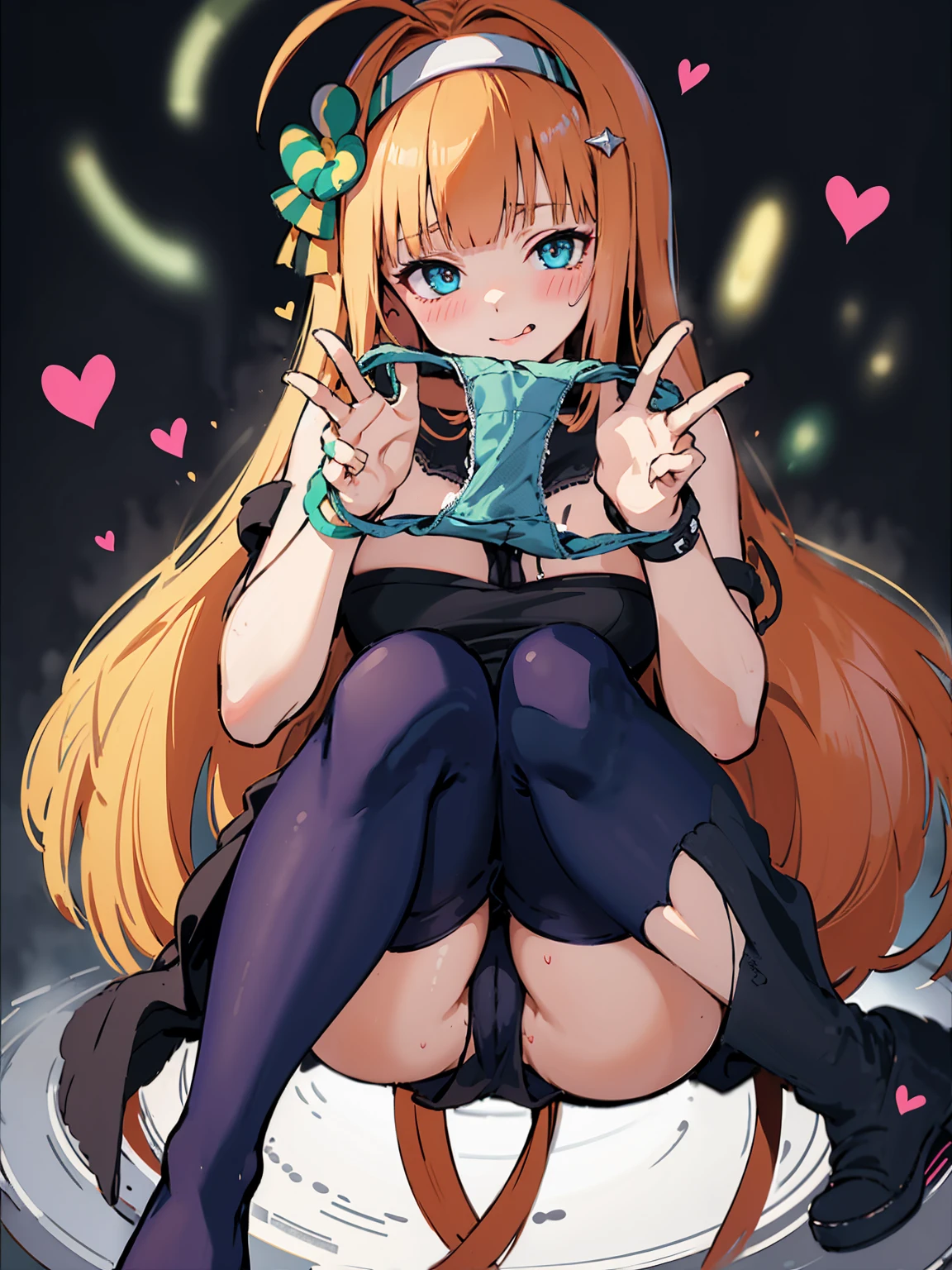 Unfold panties with both hands、Plump thighs、Best image quality、High resolution、masterpiece、super high quality、Striped bra、Striped panties、Panty flashing、とてもBig Ass、Blushing、4K quality、Thick thighs、Big Ass、Blushed、Big Breasts、Proud face、Wearing black knee socks、Sticking out tongue、heart、Squat with your legs apart