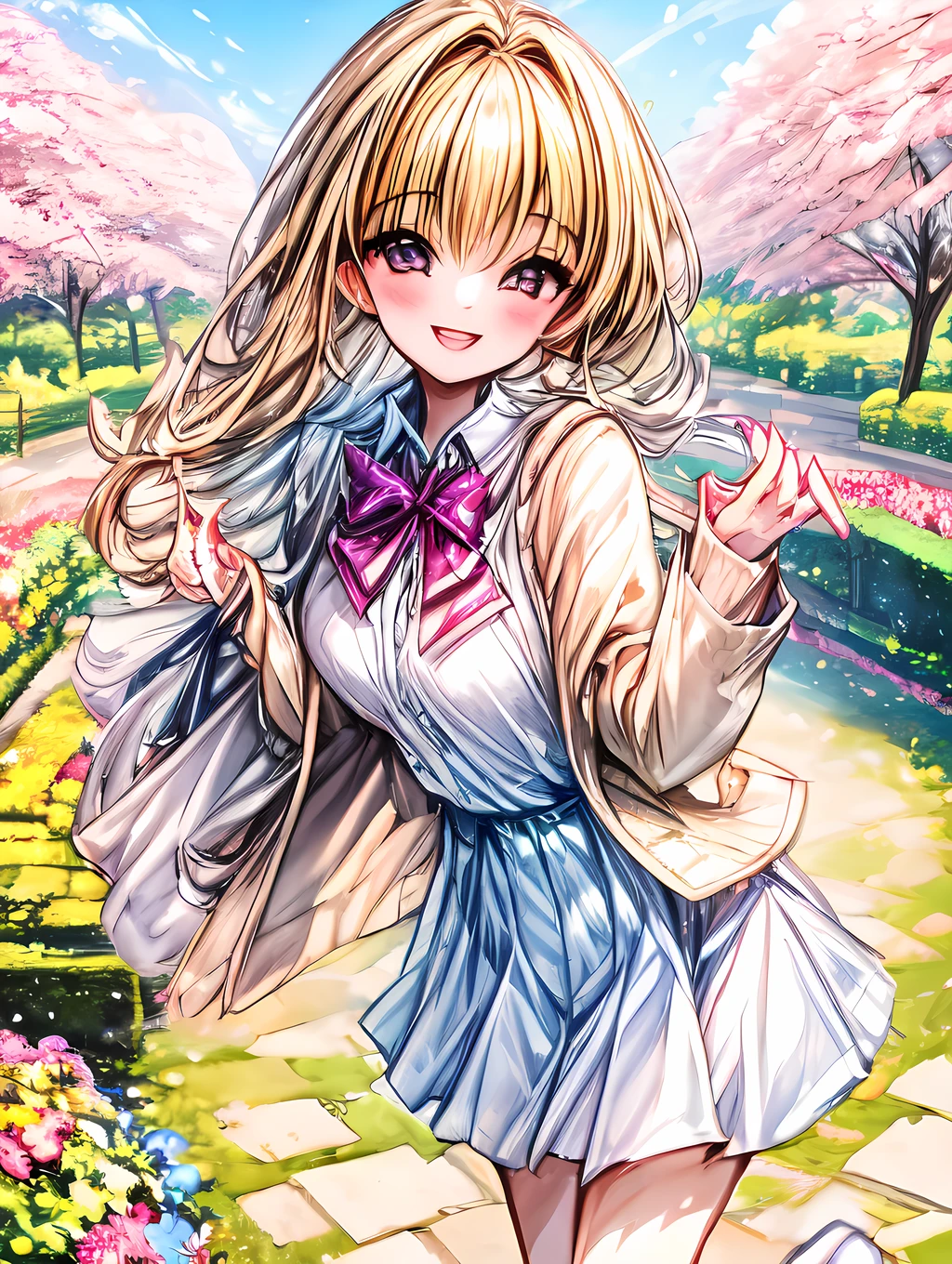 A quiet girl wearing a cardigan with a smile on her face, standing in a sunny garden surrounded by colorful flowers.