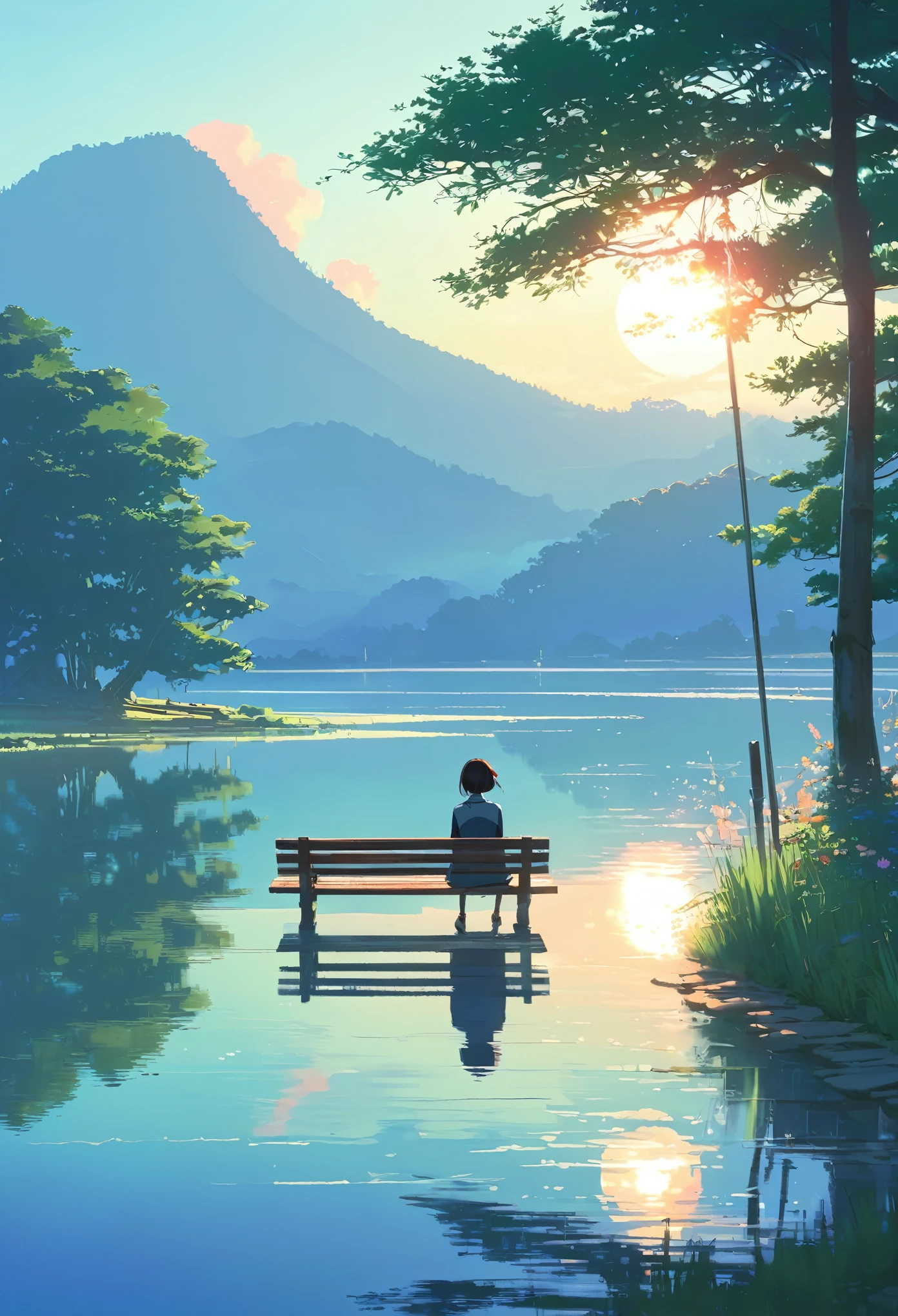 There is a woman sitting on a bench by the lake., Beautiful peaceful scene in anime, Gweiz-style artwork, Makoto Shinkai and Tom Bagshaw, Beautiful digital art, Beautiful anime scene, Gentle illustration, reflection. by makoto shinkai, makoto shinkai cyril rolando, anime art wallpaper 4k, anime art wallpaper 4k The size must be 1000 x 1500.