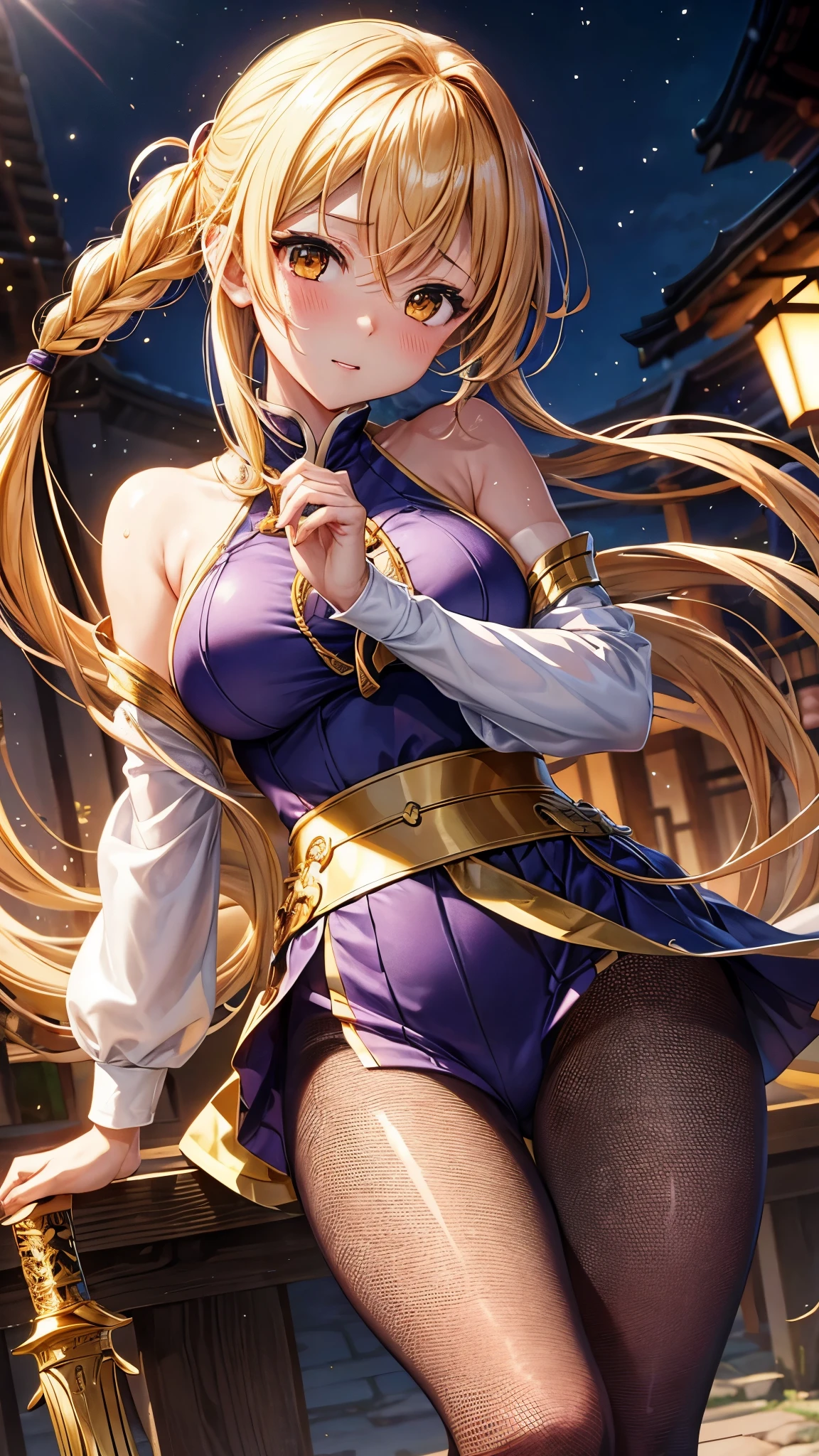 (highest quality)), ((masterpiece)), (Familiar), Perfect Face,Shiny skin,Beautiful breasts,how,Shiny skin、Kyoto Animation style painting、Golden Hair、Golden Eyes、Sunburned skin、night、Holding a Japanese sword、ruins、Combat Stance、Fishnet tights、Braided Hair、spats、inner、Kunoichi clothes、Purple clothes、Wearing a golden aura、Golden Mist、shock wave