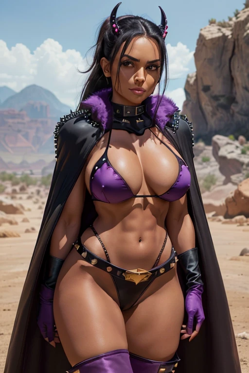 (masterpiece), best quality, expressive eyes, perfect face, Nico Robin at rocky desert, (rocky desert at night background), (standing), (smirk), (closeup view), (1girl, Nico Robin face, dark skin, tanned skin, tan, black hair, ponytail hairstyle, no bangs, brown eyes, hourglass figure, skinny body, large breasts, huge breasts, oppai, wide hips, thick thighs, ((dark purple bikini), BREAK, (black studded hip belt), (knee pad boots), (black devil horns), (dark purple gloves), (furry cape), (sholder pads)), 