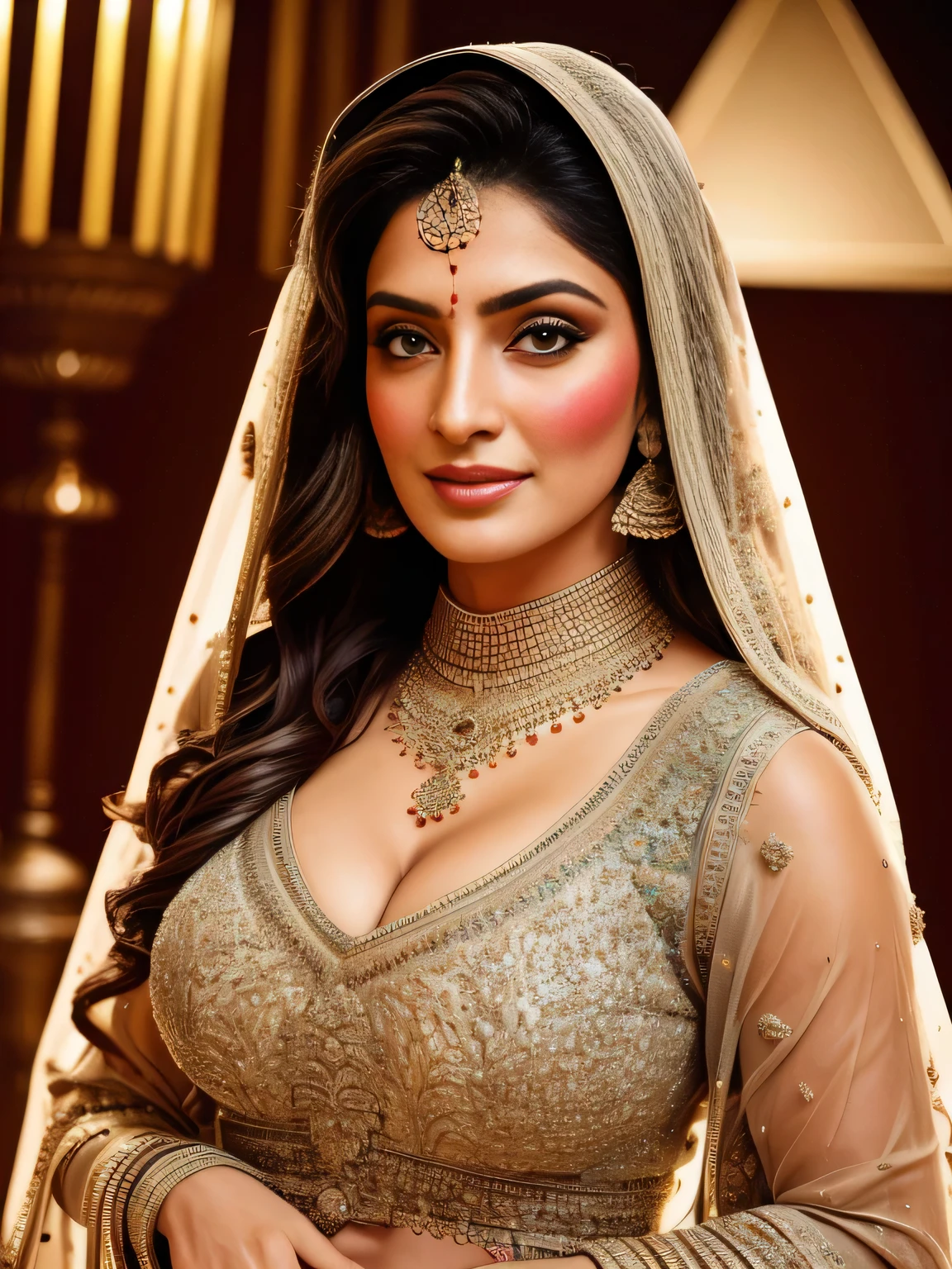 closeup portrait of a 35 year most beautiful very busty women standing in front of pyramid of giza, hd details of award show,HD makeup,hd details,hd render,realistic,hyper realistic,photograph,wearing a extreme embroidery pakistani traditional wedding dress with face veil,use multiple variations and color,create perfect sitting details,(full body view)(very tight shirt and fully torn jeans)(huge breast)(large breast)(round breast)