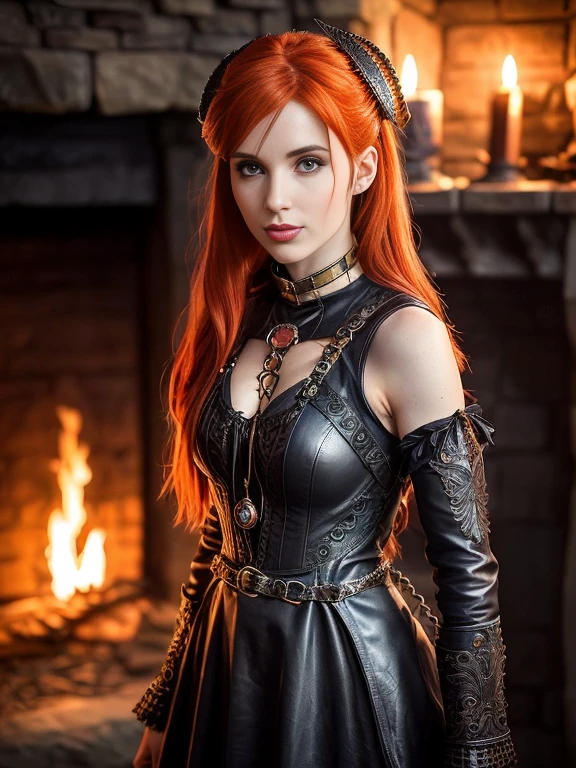 there is a woman in a leather dress posing for a picture, amouranth, ornate cosplay, better known as amouranth, triss merigold cosplay, dark fantasy style, as a medieval fantasy character, succubus | medieval, gothic maiden, beautiful necromancer girl, witcher)), amouranth as a super villain