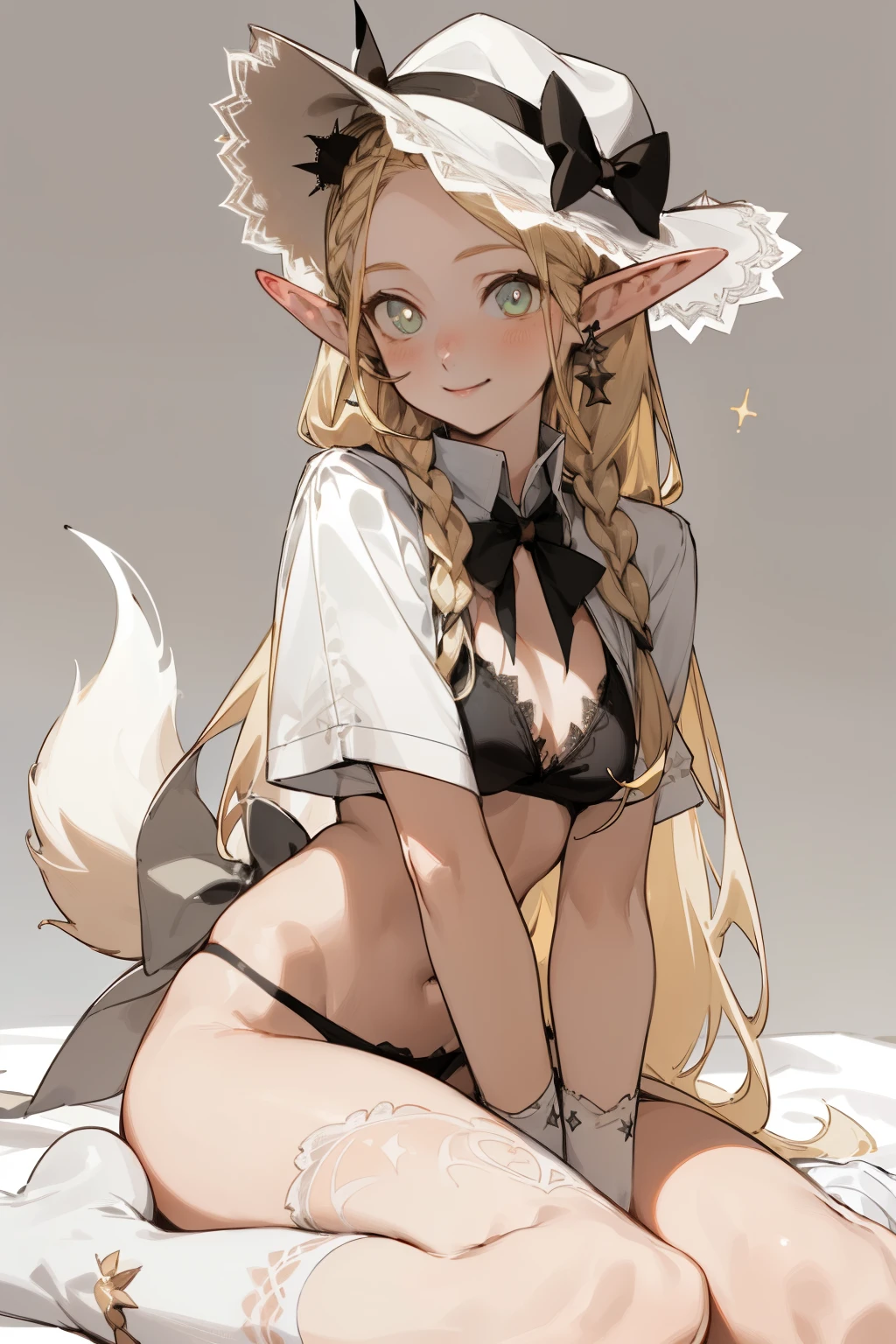 A bikini、girl in a hat,(masterpiece, best quality) detailed,silver accessories , Blonde ,elegant, Pointed ears ,White shirt,Double tail,Waist-length hair,Smile,Star decoration,White lace socks,thorns,Rose,Vest line