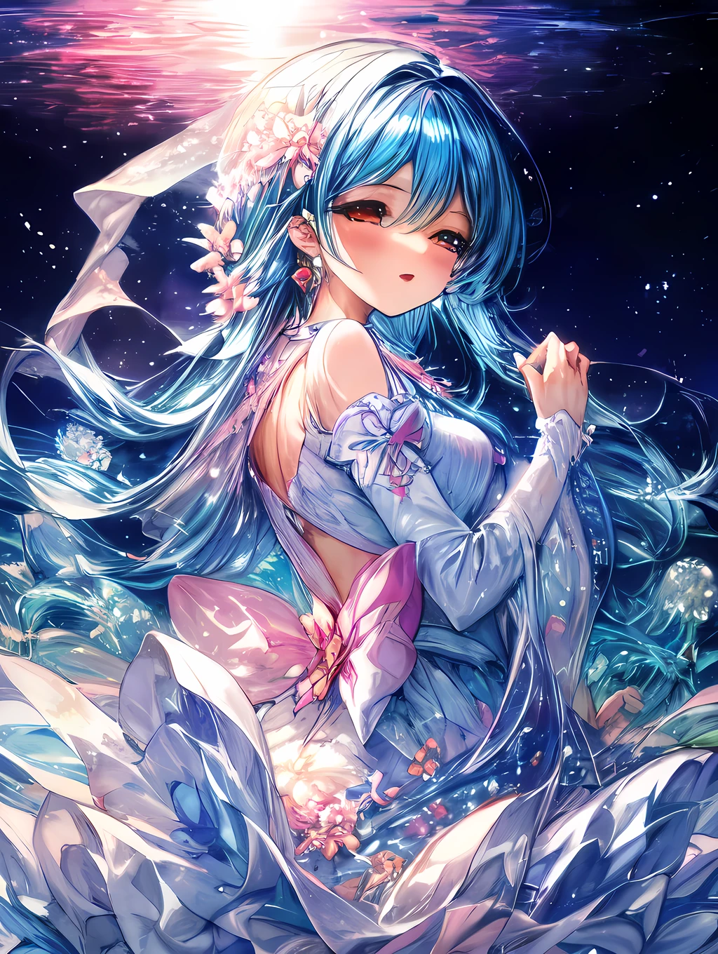 clear sky, beautiful artwork of blooming flowers with delicate petals and vibrant colors.