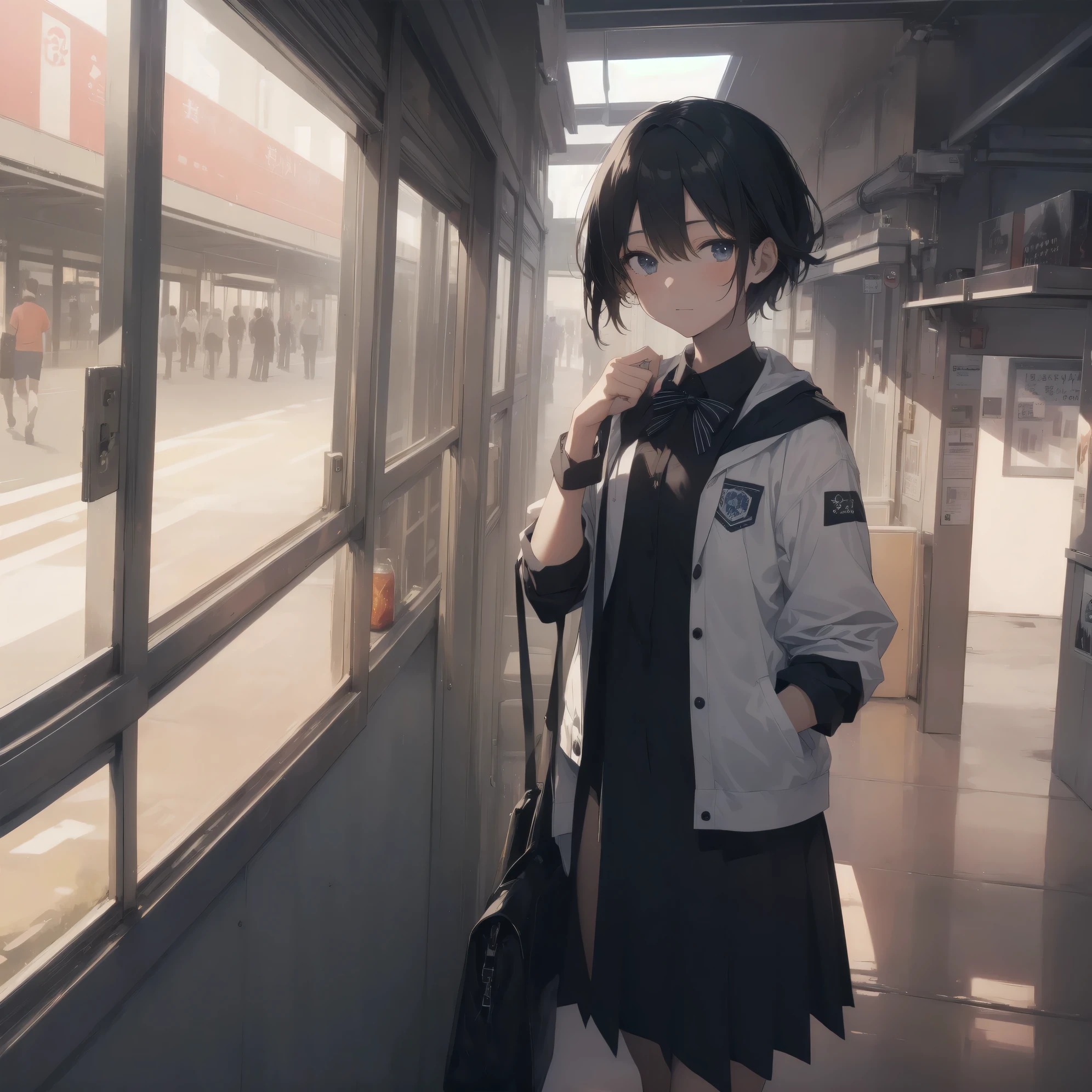 ultra-absurdres-Top quality by artist God, ultra-detailed, high resolution, anime moe artstyle, best anime 8k konachan wallpaper, pixiv contest winner, pool:2810, perfect anatomy,break, 1girl, (Please draw a girl walking sleepily to school alone. )break,(Solo,little female, 13-year-old:1.3),Full limbs, complete fingers,a junior high school student,  (very short hair), short cut, flat chest, , small butt, small black eyes, beautiful detailed eyes, well-proportioned iris and pupils, expressive eyes, highres detailed hair, soft expression, school_uniform, bowtie, collared shirt.  pleated skirt,(Detailed Lighting), (Detailed background), in the School commute route. break,super detailed skin, Best cinematic lighting powered by famous artist, 8k,beauty illustration,photoshop_(medium),very aesthetic,break,((artist:rhasta )), artist:bolze ,artist:oyari ashito ,artist:kantoku ,
