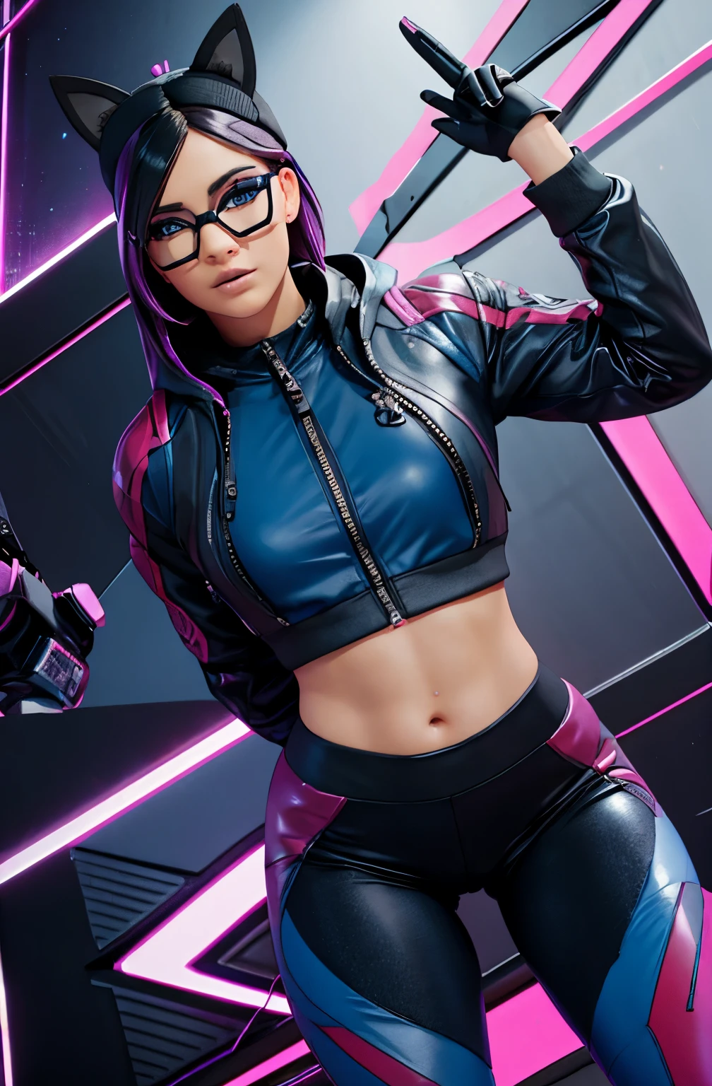 Lynx leggings jacket blue black dynamic pose, rostro detallado ojos, gafas ,hermosos, cabello corto rosa