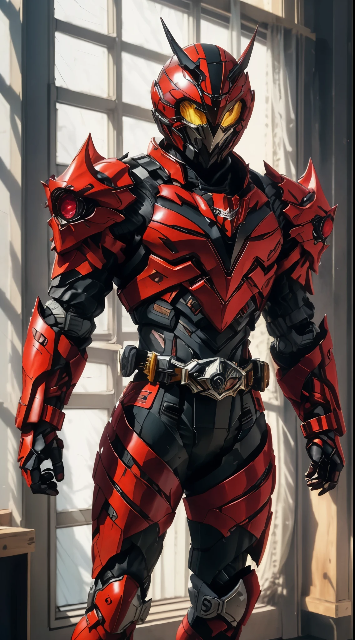 A man wearing a full-face helmet that covers most of his face, adorned in a biomimetic fantasy-style armor, the predominant black color is accented with red textures in the design this character embodies a finely crafted fantasy-style armored warrior design in anime, ((character concept art)), full body character drawing, high definition, best quality, ultra-detailed, extremely delicate, anatomically correct, symmetrical face, extremely detailed eyes and face, high quality eyes, creativity, RAW photo, UHD, 16k, (Natural light, cinematic lighting, masterpiece:1.5)