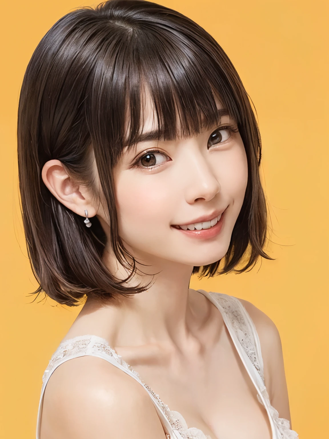 (software:1.8、masterpiece, highest quality),1 girl, alone, have, Realistic, Realistic, Looking at the audience, Light brown eyes, Brunette long hair with highly detailed shiny hair, long hair:1.8、Beautiful symmetrical face、Spring Clothes:1.6, Whity, lips, bangs, Outdoor, Mouth closed, Upper Body、Big eyes、eyelash、((Very simple light orange background:1.8))、(((bangsのあるshort hair、Big eyes、big and full 胸、Looking at the audience、Beautiful beauty、Show me your ears、Long neck、smile、please close your mouth and smile)))、Ideal body type、((({Huge|big|Huge|Mega} Chest 2, Cleavage:2、Happy smile、Beautiful Teeth、)))