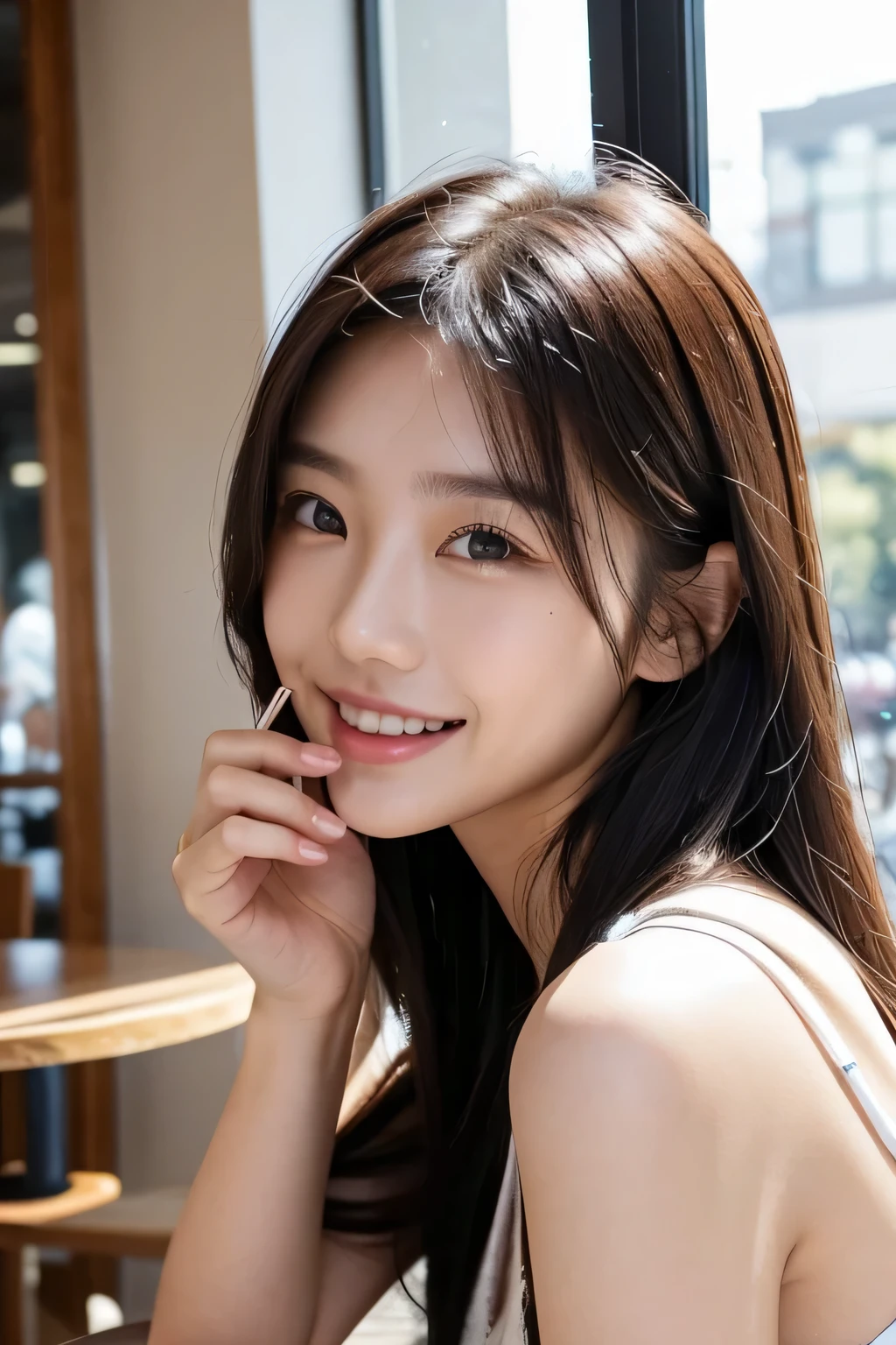 A close-up portrait of an attractive young Asian woman smiling with joy as she applies lip gloss while looking at herself in a small handheld mirror. Behind her is the busy interior of a coffee shop seen through the window, with tables, patrons, and natural light streaming in. Her fair skin is softly illuminated, highlighting her beautiful facial features and relaxed happiness.