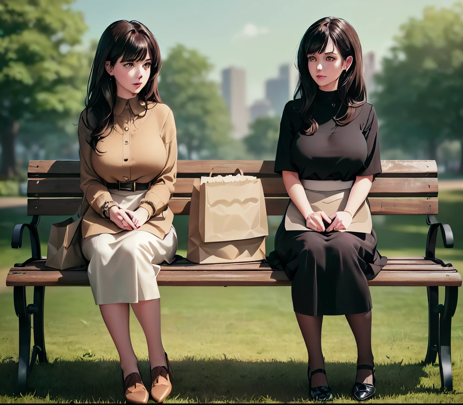 2lady, Sit on it (Bench end), (Office staff outfit) fashionable, Mature female, /(Brown hair/) Bangs, (Looking at the phone), (Masterpiece Best Quality:1.2) Exquisite illustrations with rich details, large breasts rest /(Black Hair/) Bangs, (Staring into the distance) rest ((Simple paper bag:1.2) Sitting in the middle of the bench) rest (Ordinary city park) outdoor, (green landscape), noon, Detailed background