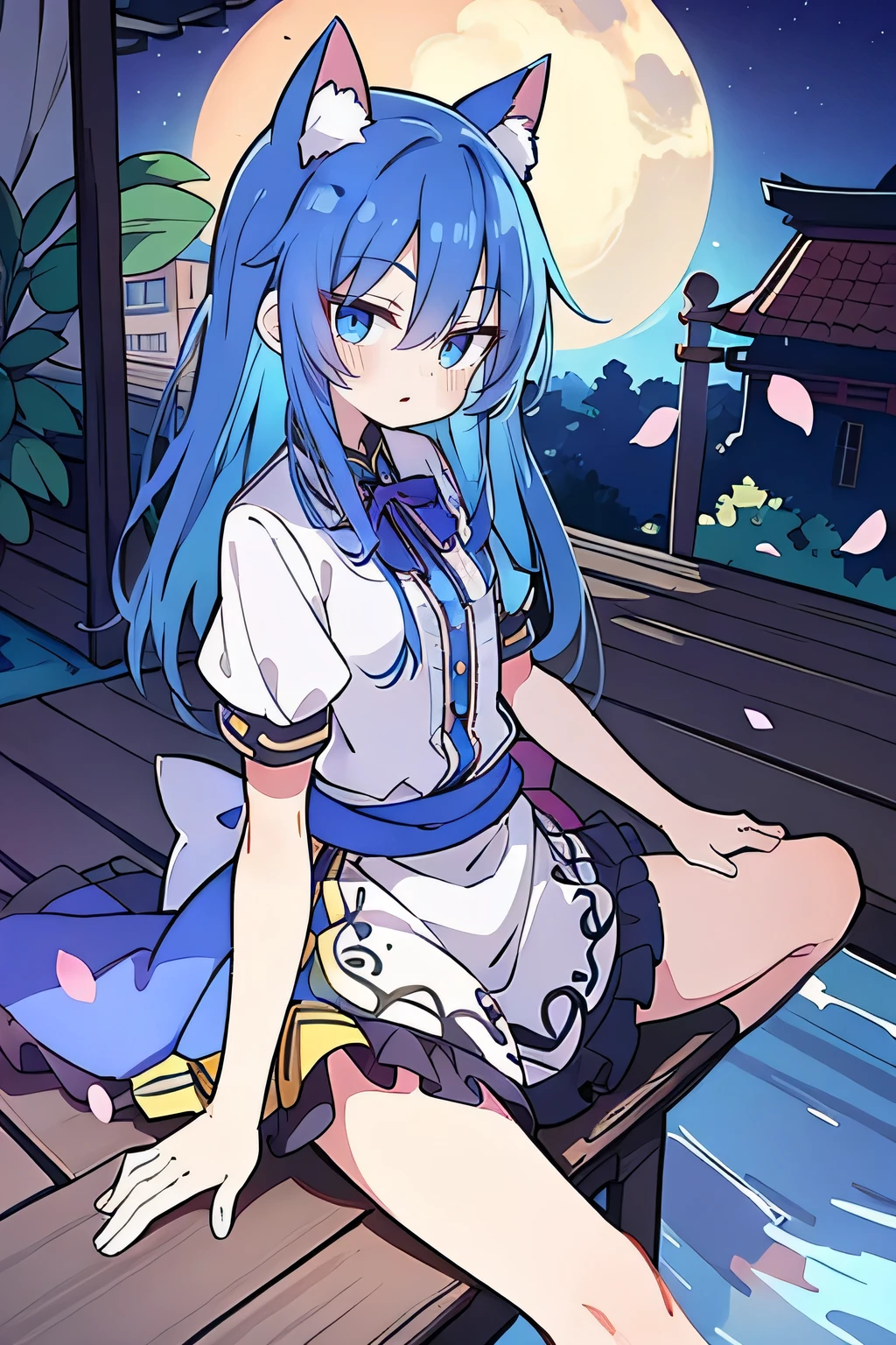 (masterpiece:1.2),ultra-detailed,realistic,expressive eyes,fair-skinned,perfectly shaped face,1girl,
Japanese cartoons,Gorgeous blue hair, flowing blue hair,floating clothes,cat ears,petals falling,beautiful Lola,Hina Angel,
hands on waist,gracefully sitting on the ground,legs crossed,gentle and serene background,cool and comfortable pavilion,night ,smile.