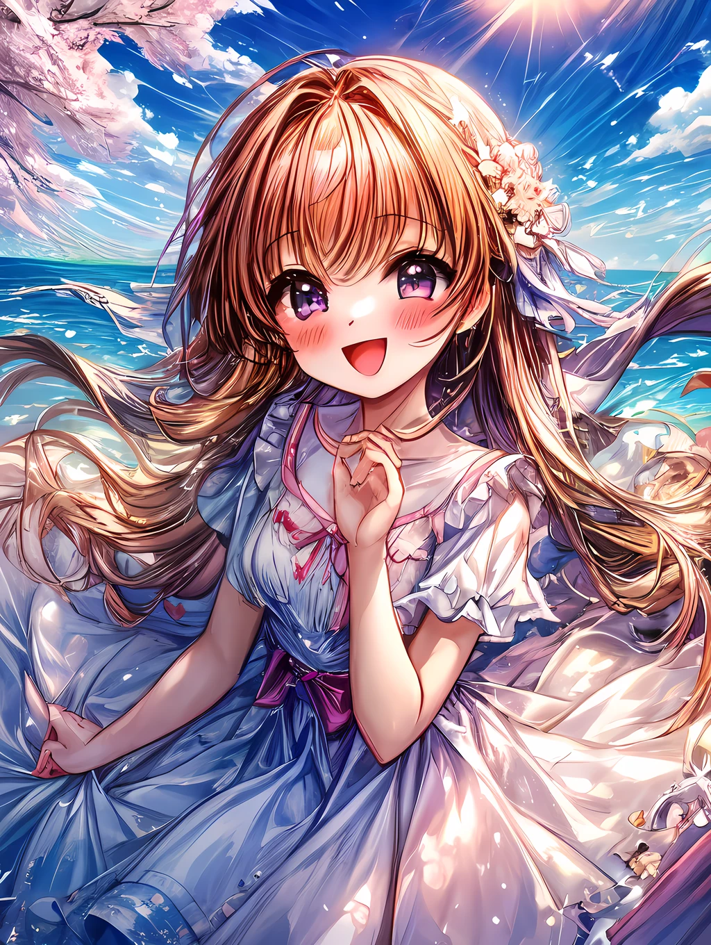 A beautiful spring day, with a high-angle shot capturing the view of a young girl looking up at the sky in awe.