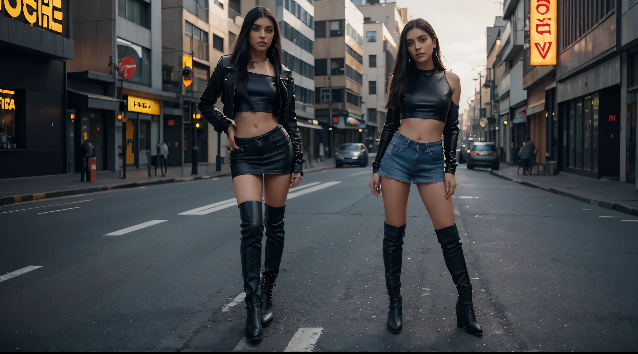 Garota loira de 19 anos, cabelos loiros, standing, ereta, standing on her feet, standing, crop top preto de mangas longas, muito bonita, athletic, cabelos loiros, olhos azuis, Red lips, usando micro denim skirt, saia denim muito curta, pernas grossas, pernas bonitas, cintura estreita, abdome exposto, umbigo exposto, botas de coxa de couro preto, saia denim curta, minissaia jeans, mini-saia, saia curta azul, cinto de couro preto, seios pequenos, pele de porcelana, The girl is wearing a black leather choker, the girl is wearing black leather boots, botas de coxa de couro preto, The girl is standing on a street in a cyberpunk city, cidade cyberpunk futurista, estilo blade runner, cena noturna, luzes da cidade, saia muito curta, micro-saia.