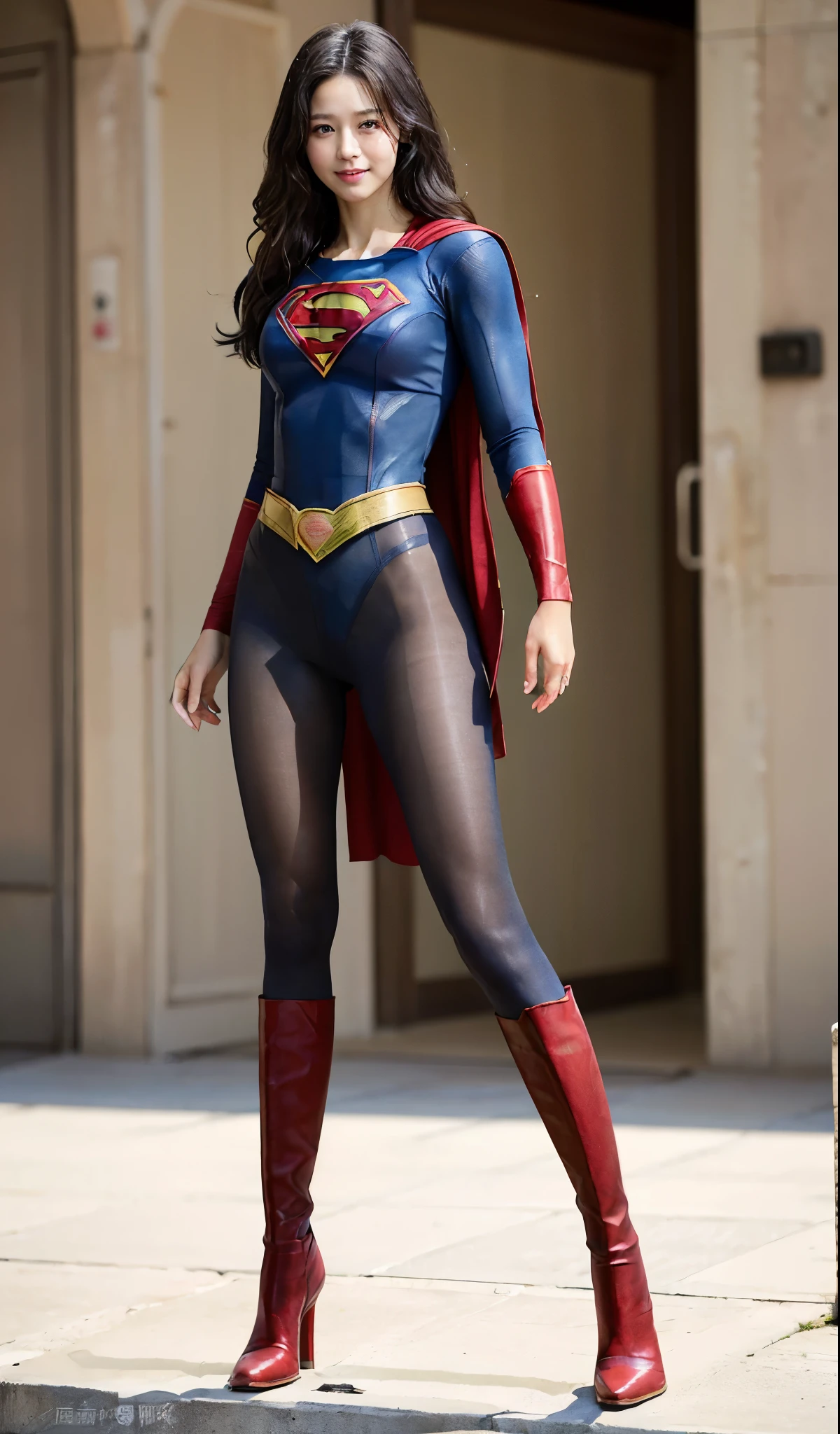 No background、(((Beautiful legs in black tights.)))、(((Legally express the beauty of your smile)))、((((Make the most of your original images)))、(((Supergirl Costume)))、(((Beautiful Hair)))、(((suffering)))、(((Please wear black tights....、Wear red boots)))、((Best image quality、8k))、((highest quality、8k、masterpiece:1.3))、(((Preserve background )))、Sharp focus:1.2、Beautiful woman with perfect figure:1.4、Slim Abs:1.2、Wet body:1.5、Highly detailed face and skin texture、8k