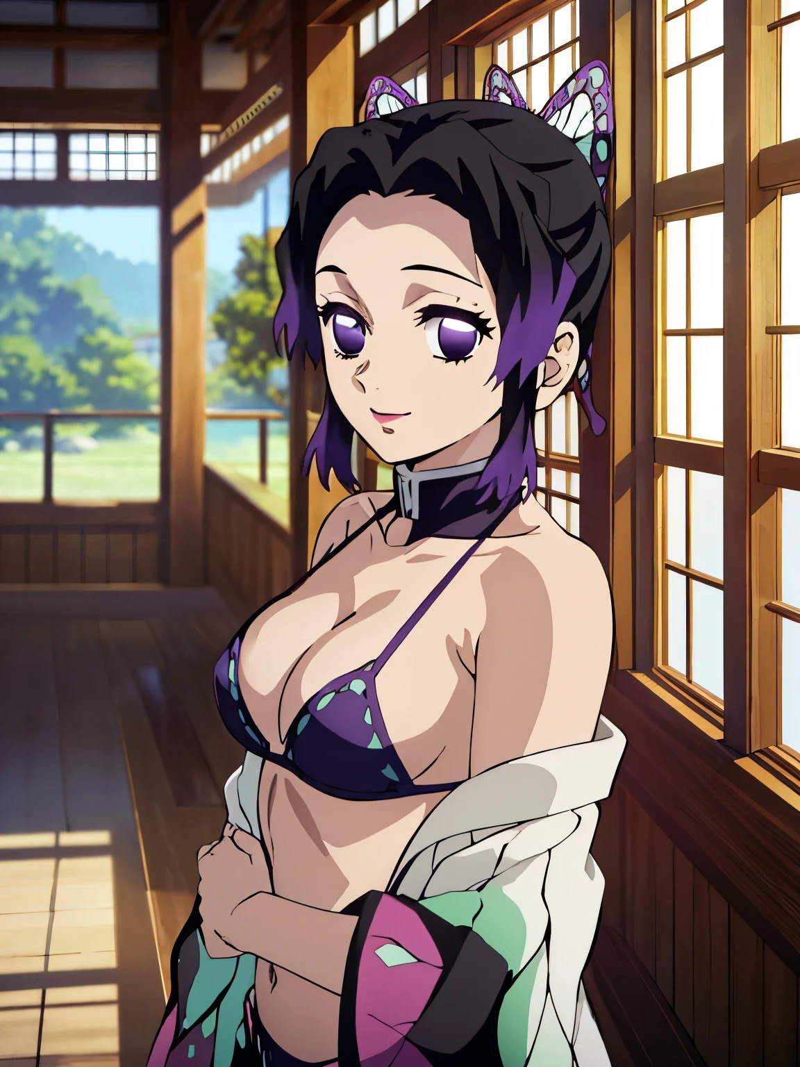 EFT_Shinobu, 1girl, kochou shinobu, butterfly hair ornament, solo, hair ornament, purple hair, multicolored hair, purple eyes, black hair, medium breast, (bikini), seductive smile, looking at viewer, blurry background, indoors, japanese house, half body, slim, ((masterpiece)), best quality, high detailed illustration, high detailed background, hi-res, standing