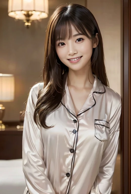 (((Hotel:1.3, indoor, Photographed from the front))), ((long hair:1.3, pajamas,japanese woman,smile, cute)), (clean, natural makeup), (highest quality, masterpiece:1.3, 超High resolution), (Super detailed, caustics), (realistic:1.4, RAW shooting), very detailed, High resolution, 16K resolution