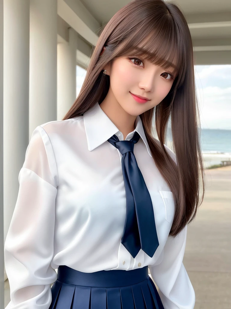 product quality, 1girl, upper body shot, front view, a Japanese young pretty girl, long bob hair, standing with a big smile in a seaside park in the midnight, glamorous figure, wearing a white collared shiny satin shirt of long sleeves, shiny satin dark blue plain long tie, dark blue pleated long skirt, school bag over her shoulder, hyper cute face, glossy lips, double eyelids in both eyes, natural makeup, long eyelashes, shiny smooth light brown long bob hair, asymmetrical bangs, a tanned skin, central image, high resolution, high detail, detailed hairstyle, detailed face, spectacular cinematic lighting, octane rendering, vibrant, hyper realistic, perfect limbs, perfect anatomy