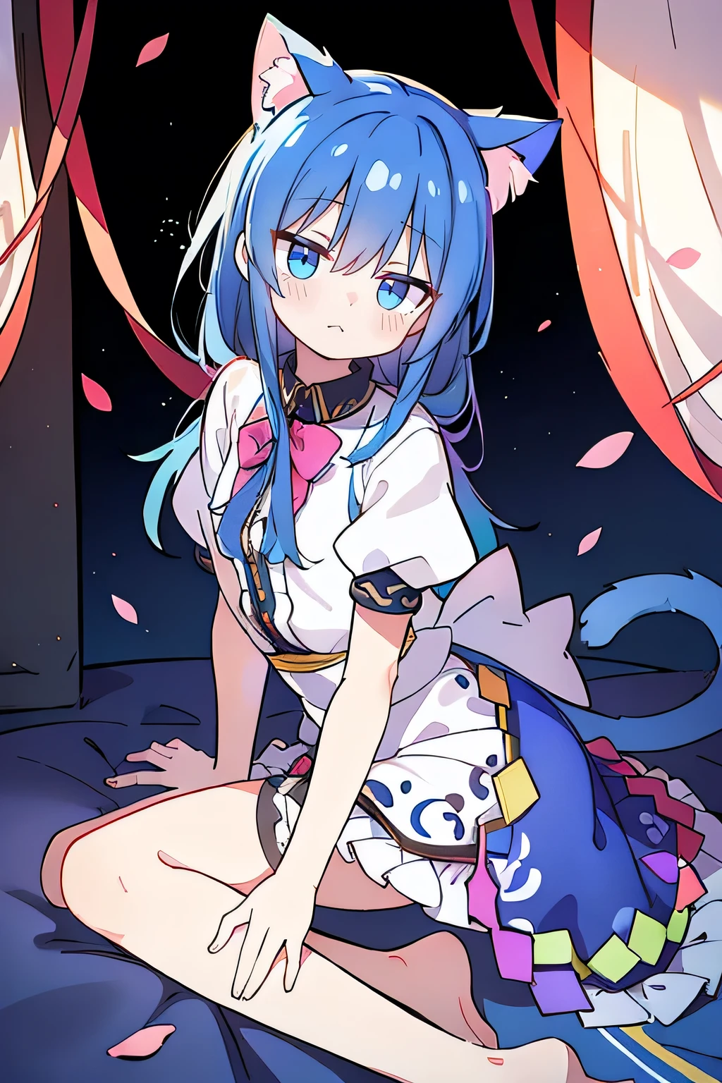 (masterpiece:1.2),ultra-detailed,realistic,expressive eyes,fair-skinned,perfectly shaped face,1girl,
Japanese cartoons,Gorgeous blue hair, flowing blue hair,floating clothes,cat ears,petals falling,beautiful Lola,Hina Angel,
hands on waist,gracefully sitting on the ground,legs crossed,gentle and serene background,cool and comfortable pavilion,night ,smile.