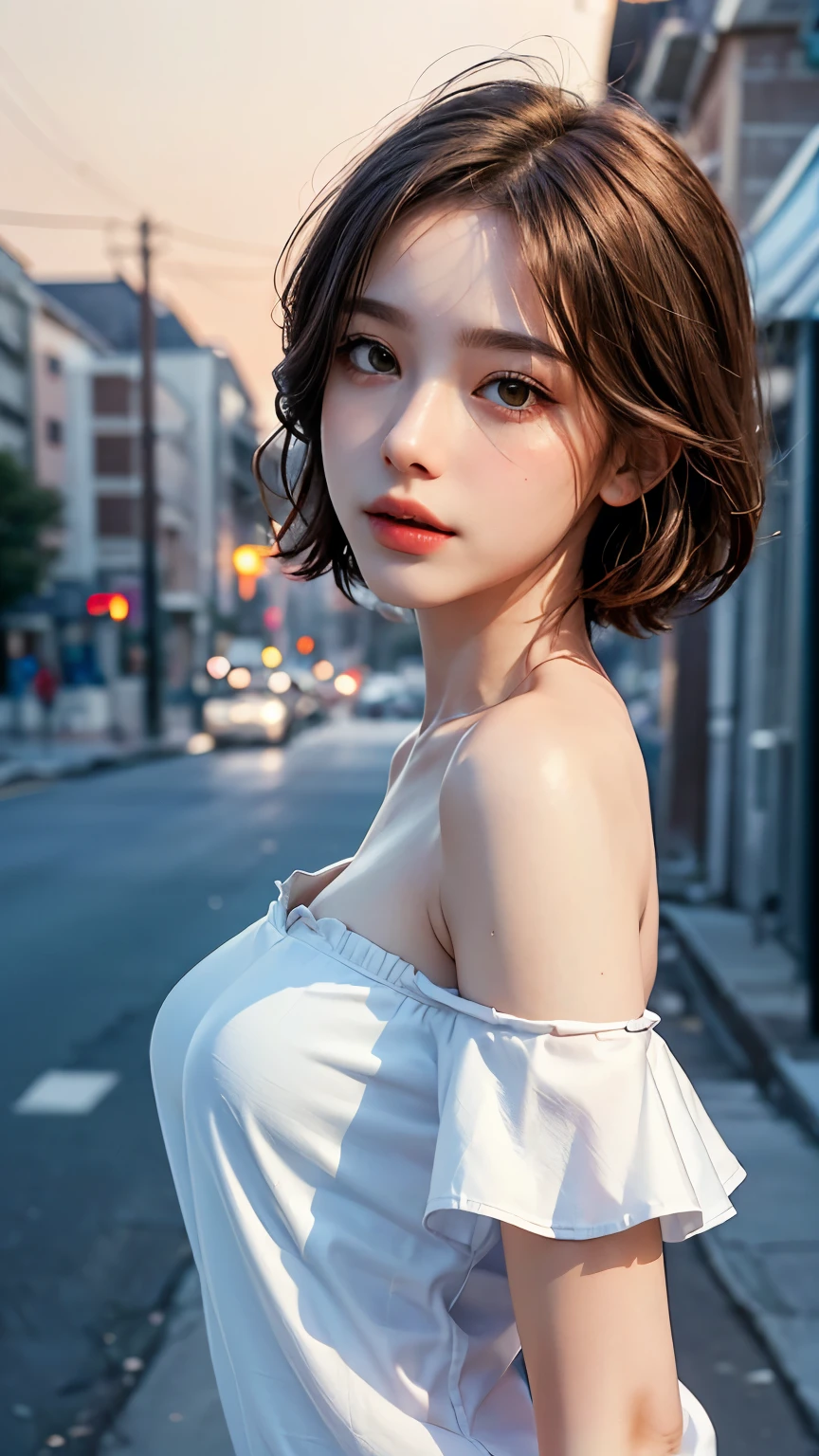 highest quality, masterpiece, Ultra-high resolution, (Realistic:1.4), RAW Photos, One girl, Off the shoulder, In the Dark, Deep Shadow, Modest, Night Alley, short hair, roadside,walking, 20-year-old,Cute face, Small breasts, Tight shirt,(head shot:1.5)