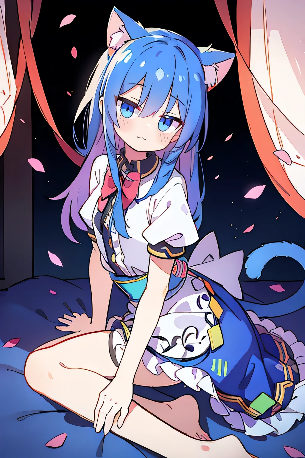(masterpiece:1.2),ultra-detailed,realistic,expressive eyes,fair-skinned,perfectly shaped face,1girl,
Japanese cartoons,Gorgeous blue hair, flowing blue hair,floating clothes,cat ears,petals falling,beautiful Lola,Hina Angel,
hands on waist,gracefully sitting on the ground,legs crossed,gentle and serene background,cool and comfortable pavilion,night ,smile.