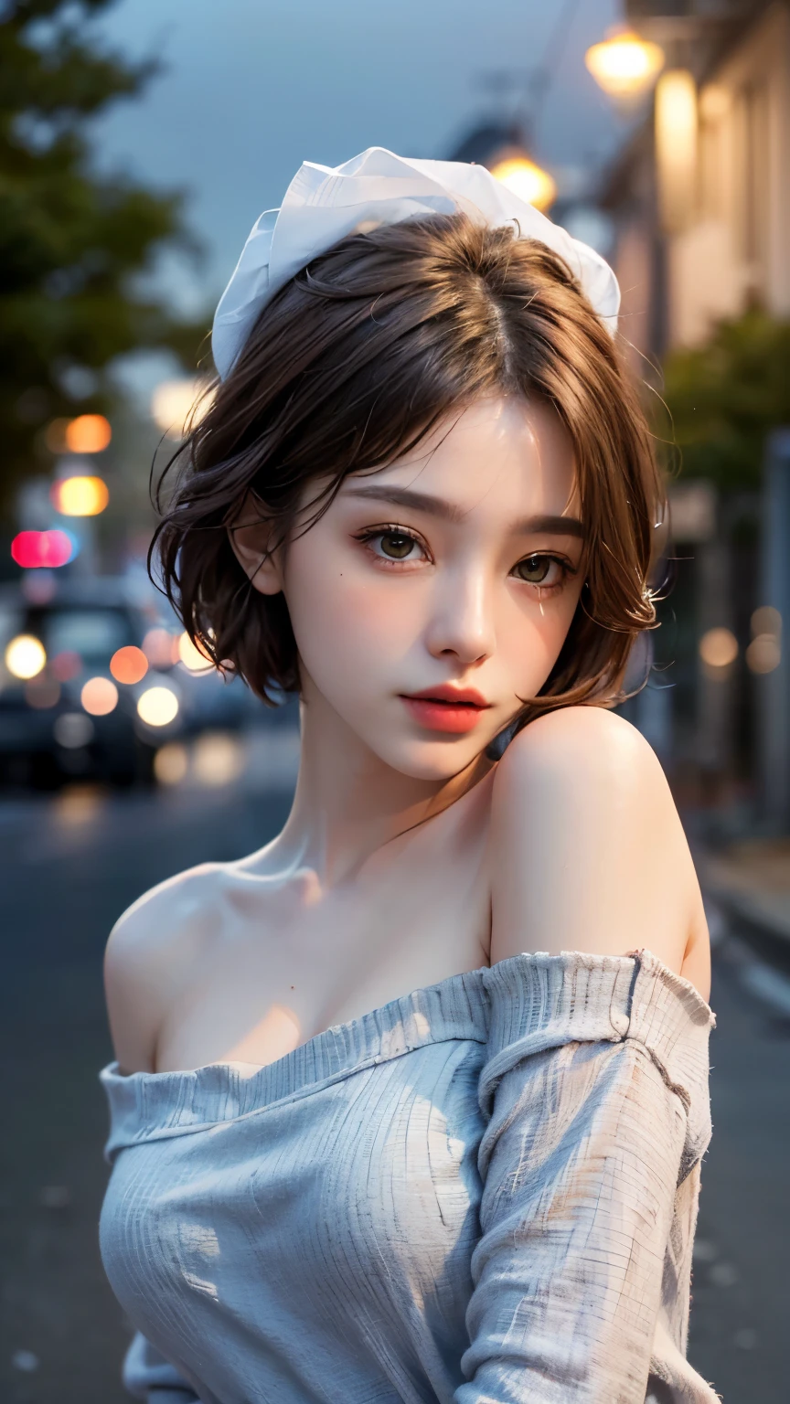 highest quality, masterpiece, Ultra-high resolution, (Realistic:1.4), RAW Photos, One girl, Off the shoulder, In the Dark, Deep Shadow, Modest, Night Alley, short hair, roadside,walking, 20-year-old,Cute face, Small breasts, Tight shirt,(head shot:1.5)