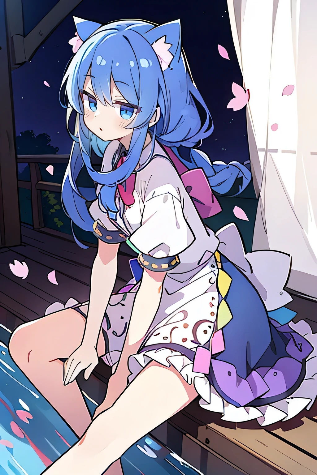 (masterpiece:1.2),ultra-detailed,realistic,expressive eyes,fair-skinned,perfectly shaped face,1girl,
Japanese cartoons,Gorgeous blue hair, flowing blue hair,floating clothes,cat ears,petals falling,beautiful Lola,Hina Angel,
hands on waist,gracefully sitting on the ground,legs crossed,gentle and serene background,cool and comfortable pavilion,night ,smile.