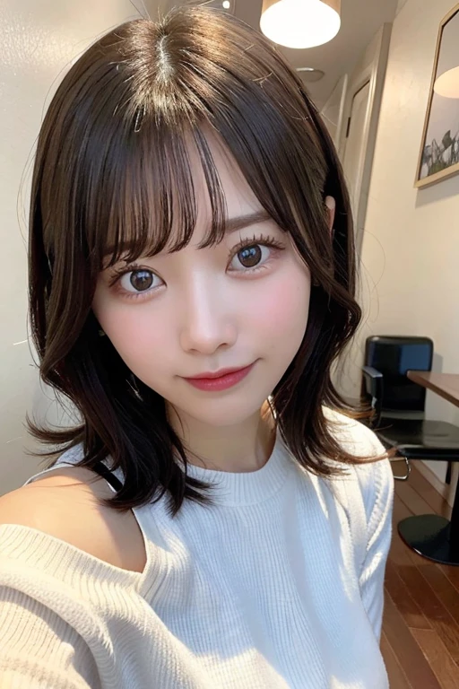 top-quality、Photorealsitic、8K、hight resolution、Perfect litthing、a gorgeous、masterpiece、realisitic、closeup portrait、
1girl in、piercingeyes、off-the-shoulder sweater、middlebreasts、shorth hair、Look at viewers、kindly smile、in a cafe、in the room、a un shine
