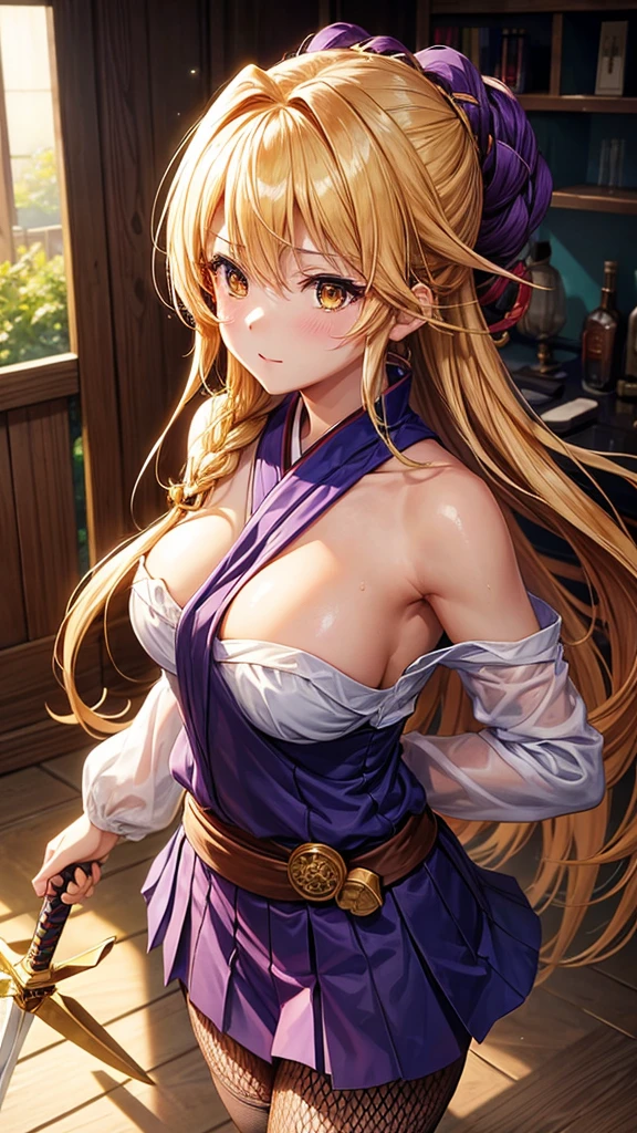 (highest quality)), ((masterpiece)), (Familiar), Perfect Face,Shiny skin,Beautiful breasts,how,Shiny skin、Kyoto Animation style painting、Golden Hair、Golden Eyes、Sunburned skin、night、Holding a Japanese sword、ruins、Combat Stance、Fishnet tights、Braided Hair、spats、inner、Kunoichi clothes、Purple clothes、Wearing a golden aura、Golden Mist、shock wave