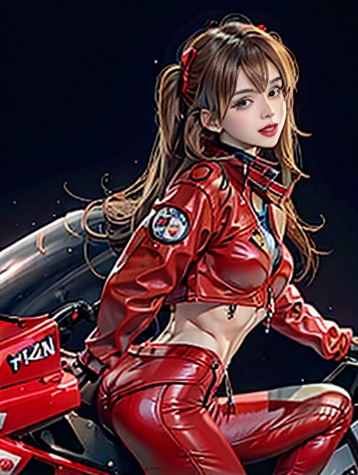 Official Art, highest quality, masterpiece, 超A high resolution, (Photorealistic:1.4), RAW Photos, ((Ultra-Realistic Details)), Portrait, Global Illumination, Shadow, Octane Rendering, 8k, Super sharp, Asuka, Eva 02, One Girl, 13 years, Orange Hair, (Long hair blowing in the wind), Detailed facial depiction, Almond-shaped, sky-blue eyes, Long eyelashes, Glossy Lips, Tsundere and playful expression, (Red low rise leather pants), (Pure White Cropped T-Shirt), (Underbust exposure), (Red Down Jacket:1.4), Big breasts and small waist, (Akira Bike Red:1.4), cycling, night, Cyberpunk City View,Camel Toe、Giant tit、Nipple Puffs、Cleavage、Plump、Super big breasts、Super big butt