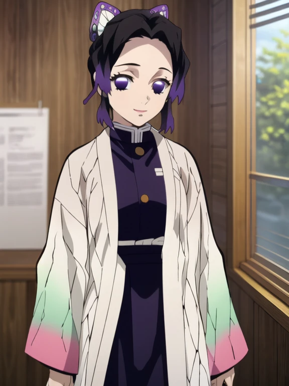 EFT_Shinobu, 1girl, kochou shinobu, butterfly hair ornament, solo, hair ornament, purple hair, multicolored hair, purple eyes, black hair, medium breast, seductive smile, looking at viewer, blurry background, indoors, japanese house, half body, slim, ((masterpiece)), best quality, high detailed illustration, high detailed background, hi-res, standing