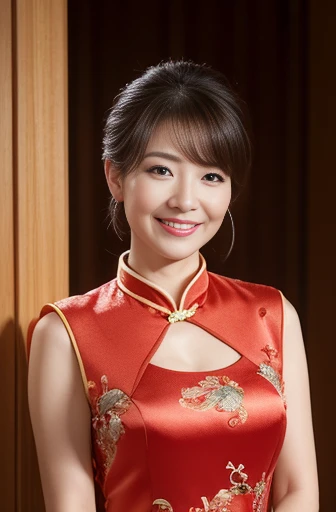 Masseter Film, highest quality, masterpiece, High resolution, realism, Original photo, 8k wallpaper, perfection, Professional Lighting, Very detailed, Written boundary depth, ((Sexy Chinese Dress Beautiful Woman)), ((Sexy 40 year old women)),, ((smile)), Detailed face, Beautiful Eyes,, bangs, She has big breasts and a nice figure, (sexy look), Hair Bun, (Thick lips), Long legs