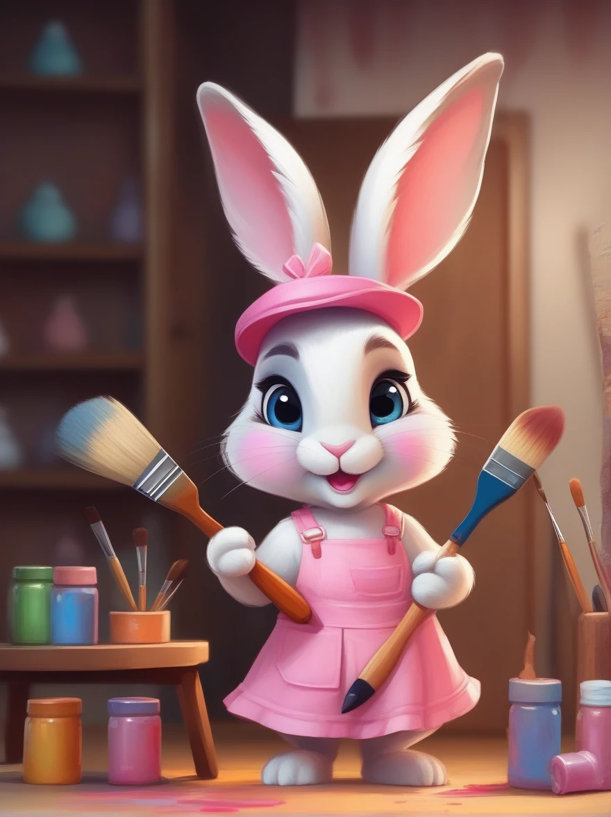 A cute rabbit wearing a white top and a pink skirt，Hold the palette in your left hand，Hold a paintbrush in your right hand，Big eyes and big ears，Character design dressed up as a painter style，Wearing a painter&#39;s hat，Cartoon Style，Illustration style，Full body shot，With super detail，Natural light，Light and shadow，Rim Light，Very high detail，Intricate details，Medium shooting，8k，Vector illustration