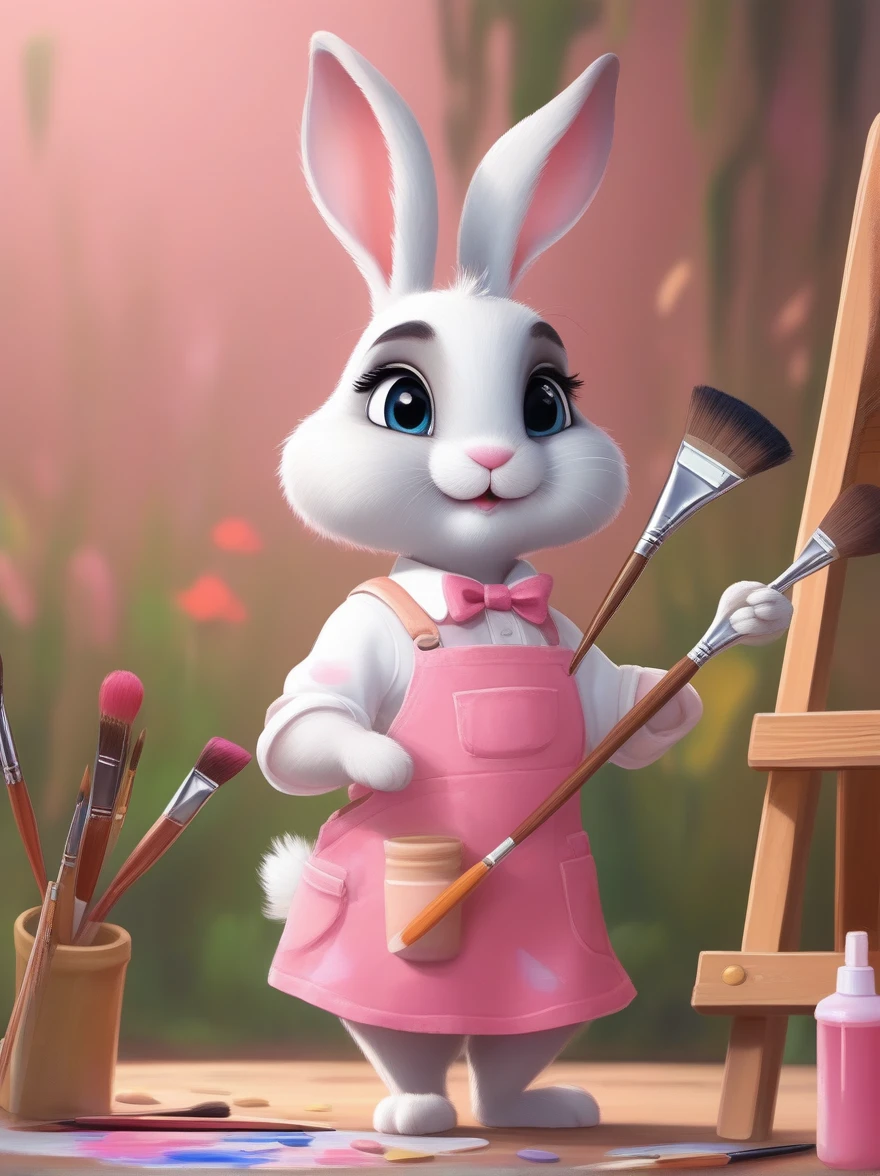 A cute rabbit wearing a white top and a pink skirt，Hold the palette in your left hand，Hold a paintbrush in your right hand，Big eyes and big ears，Character design dressed up as a painter style，Wearing a painter&#39;s hat，Cartoon Style，Illustration style，Full body shot，With super detail，Natural light，Light and shadow，Rim Light，Very high detail，Intricate details，Medium shooting，8k，Vector illustration