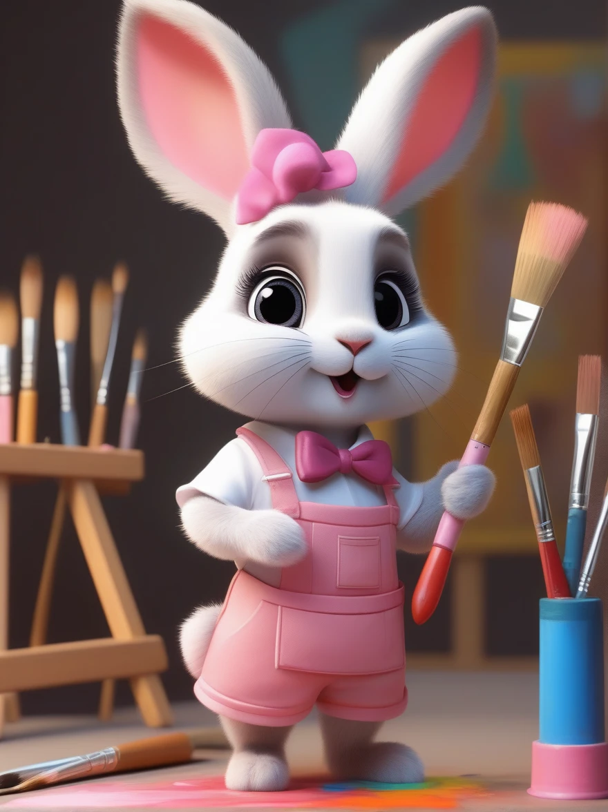 A cute rabbit wearing a white top and a pink skirt，Hold the palette in your left hand，Hold a paintbrush in your right hand，Big eyes and big ears，Character design dressed up as a painter style，Wearing a painter&#39;s hat，Cartoon Style，Illustration style，Full body shot，With super detail，Natural light，Light and shadow，Rim Light，Very high detail，Intricate details，Medium shooting，8k，Vector illustration