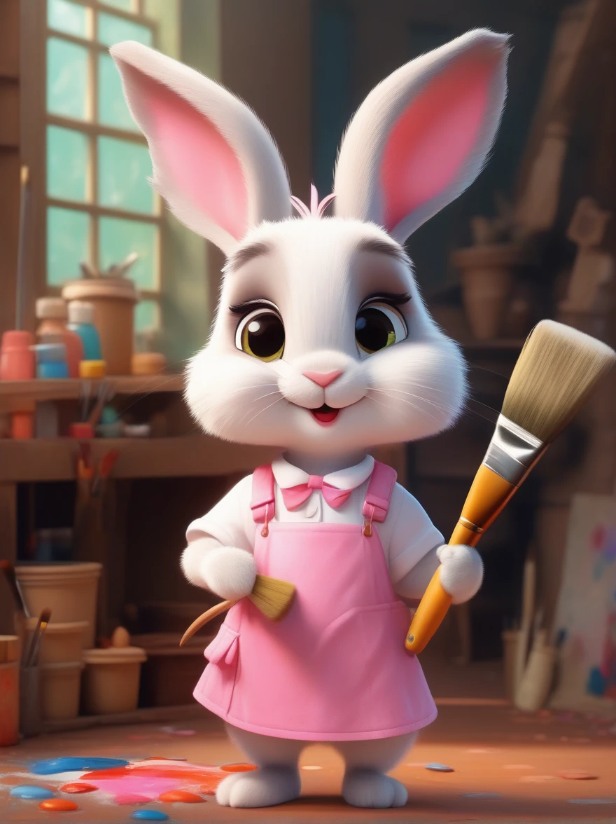 A cute rabbit wearing a white top and a pink skirt，Hold the palette in your left hand，Hold a paintbrush in your right hand，Big eyes and big ears，Character design dressed up as a painter style，Wearing a painter&#39;s hat，Cartoon Style，Illustration style，Full body shot，With super detail，Natural light，Light and shadow，Rim Light，Very high detail，Intricate details，Medium shooting，8k，Vector illustration