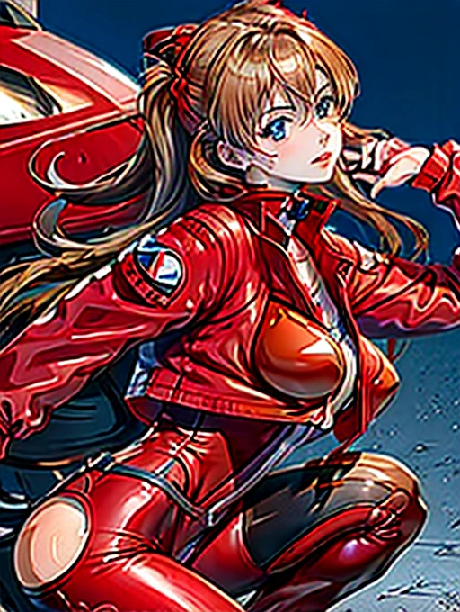 Official Art, highest quality, masterpiece, 超A high resolution, (Photorealistic:1.4), RAW Photos, ((Ultra-Realistic Details)), Portrait, Global Illumination, Shadow, Octane Rendering, 8k, Super sharp, Asuka, Eva 02, One Girl, 13 years, Orange Hair, (Long hair blowing in the wind), Detailed facial depiction, Almond-shaped, sky-blue eyes, Long eyelashes, Glossy Lips, Tsundere and playful expression, (Red low rise leather pants), (Pure White Cropped T-Shirt), (Underbust exposure), (Red Down Jacket:1.4), ??????????? and small waist, (Akira Bike Red:1.4), cycling, night, Cyberpunk City View,?????????、Giant ???、?????? Puffs、Cleavage、Plump、Super ???????????、Super big ????