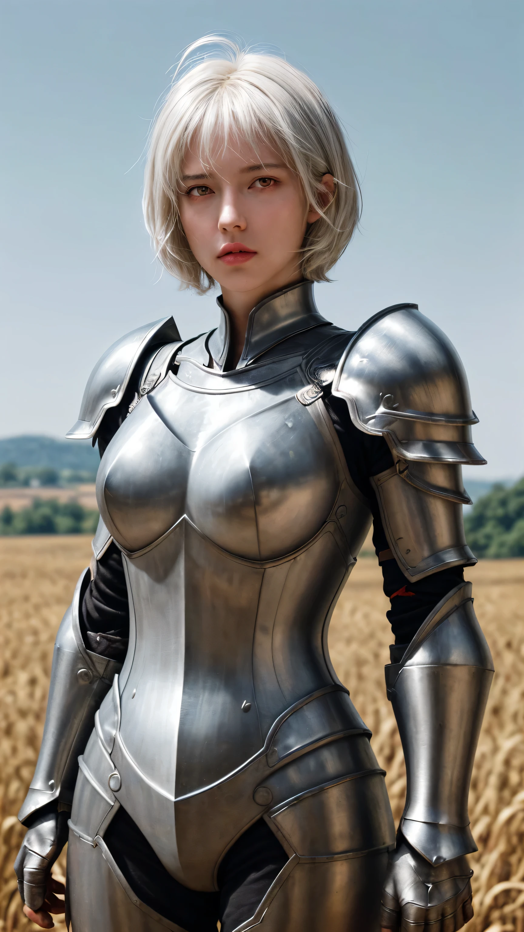 masterpiece , A girl, In the fields, ( light white short hair:1.2), (Red Eyes:1.2), (Clausada:1.2), (Looking at the audience:1.2) , (8k, Best quality 1.2), Super detailed, 8K Ultra HD, soft light, high quality, Film Grain, Beautiful Lights, Movie ,Perfect body , Optimal lighting, The best shadow, Clarity, contrast, Red glasses, Messy hair, , absurdres high detail face, steel armor, Great Sword