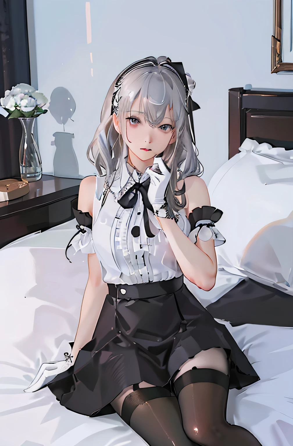 (((1 girl)),Ray Tracing,(Dim lighting),[Detailed Background (Bedroom)),((Silver Hair)),((Silver Hair)),(Fluffy Silver Hair, Plump and slender girl)) Raised ponytail)))) Avoid blonde eyes in the ominous Bedroom ((((Girls、She wears intricately embroidered black high-waisted pants and pantyhose.。) White frilly ribbon gloves), Showing off a delicate, slim figure and graceful curves, Correct limbs, Sitting on the bed、8K、Perfect female body、Red line clothes、8K、High quality、Naughty fashion、Big Breasts、Eros、Lingerie、Pink outfit、bikini、Expose