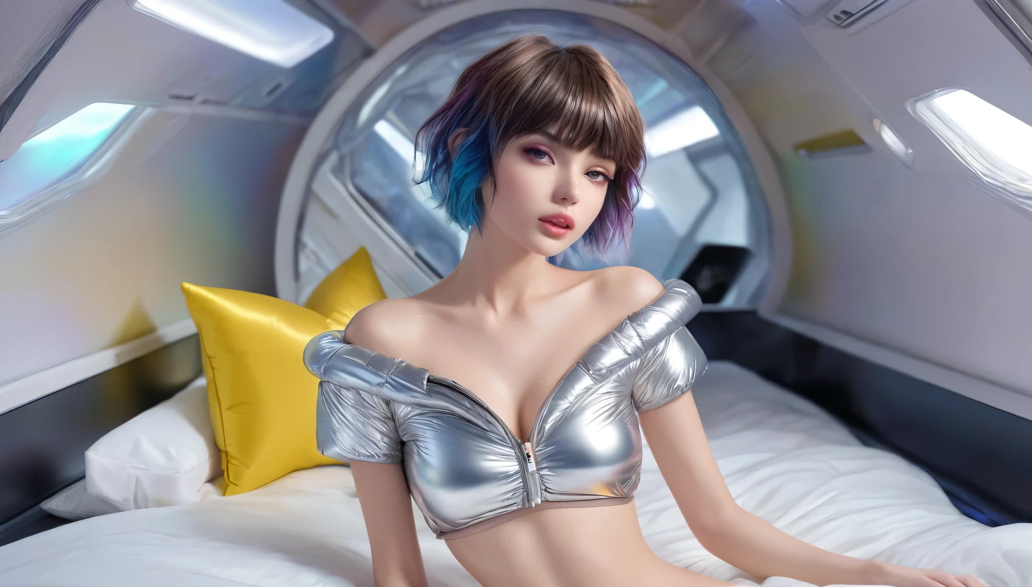Masterpiece, Best Quality, ((skinny girl in a open shiny puffer with short sleeves and deep neckline, short sleeves, small perky breasts, puffy nipples, extremely detailed face, detailed eyes, detailed lips, pixie asymmetrical hair, small hips, in a spaceship, on a bed, full body view, random colors))